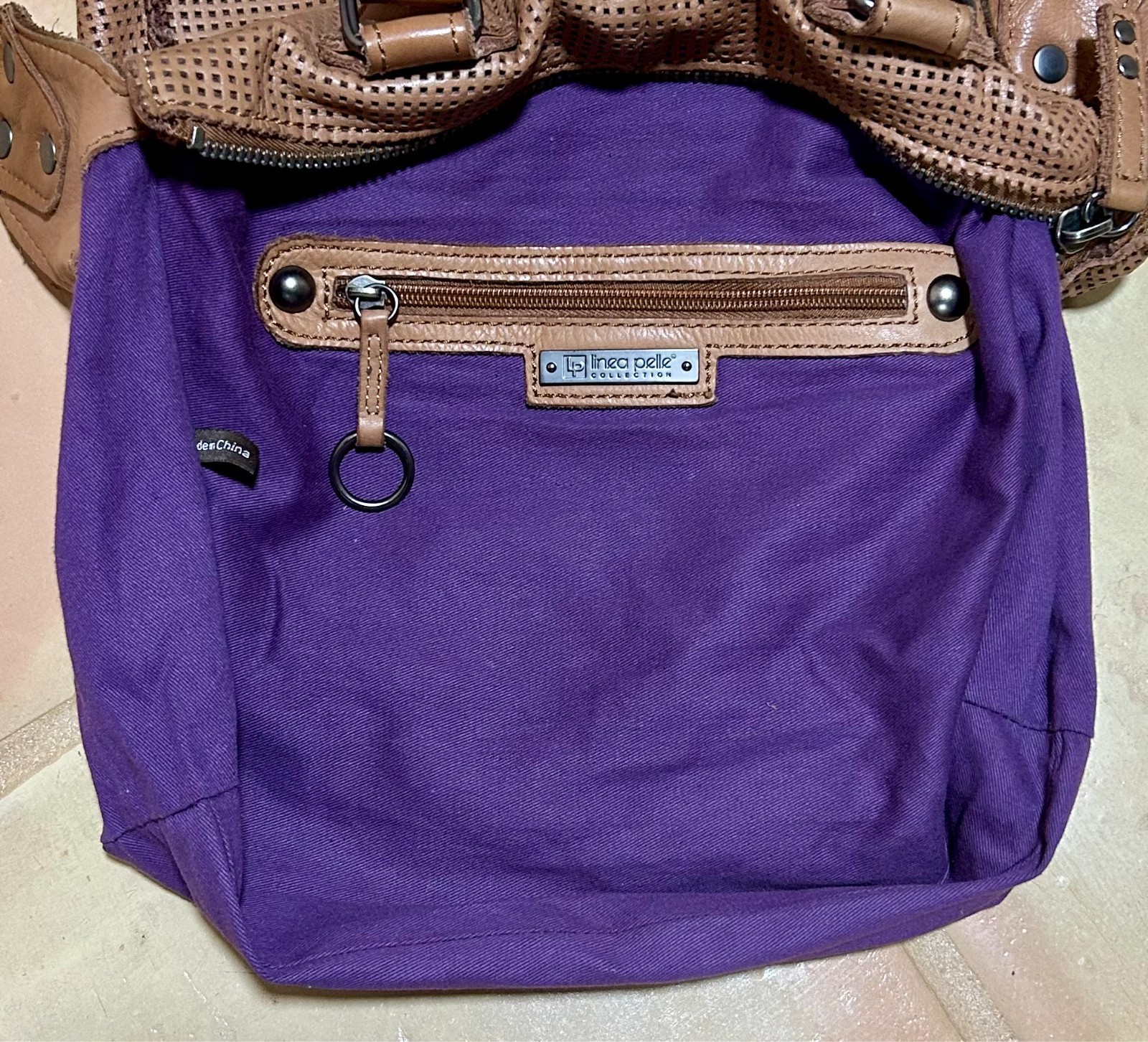 LINEA PELLE Collection BROWN Perforated RAW Edge LEATHER Crossbody SATCHEL Bag