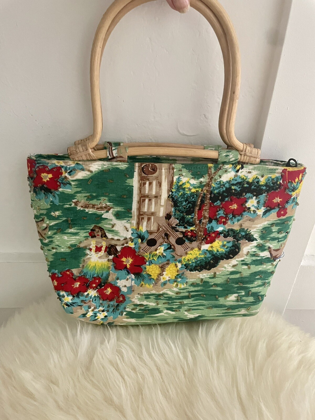 RUM JUNGLE Women’s Canvas Hawaii Print Floral H Double Wood Top Handle Purse