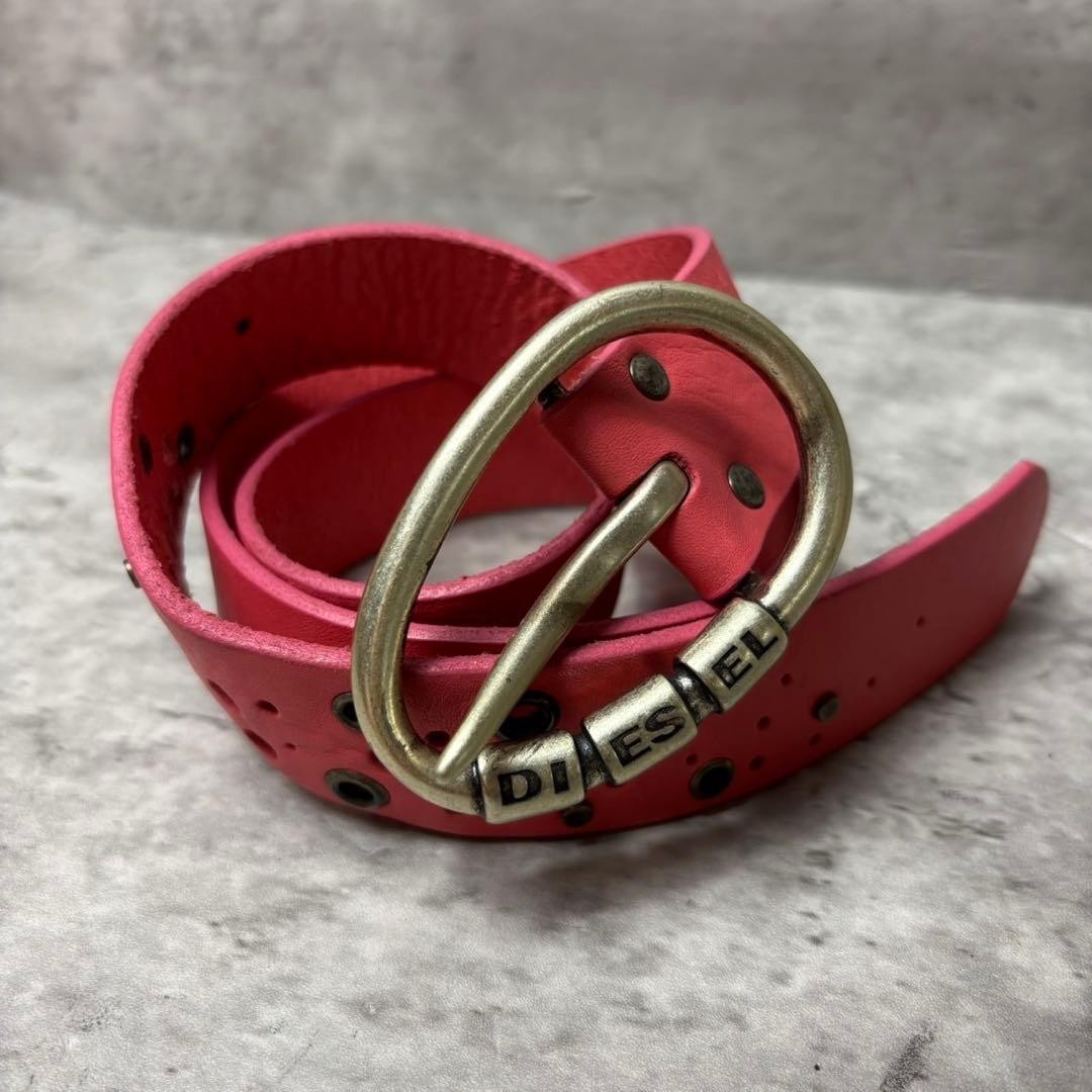 00s DIESEL Y2K Leather Belt Pink Buckle Made in Italy Archive Streetwear Japan