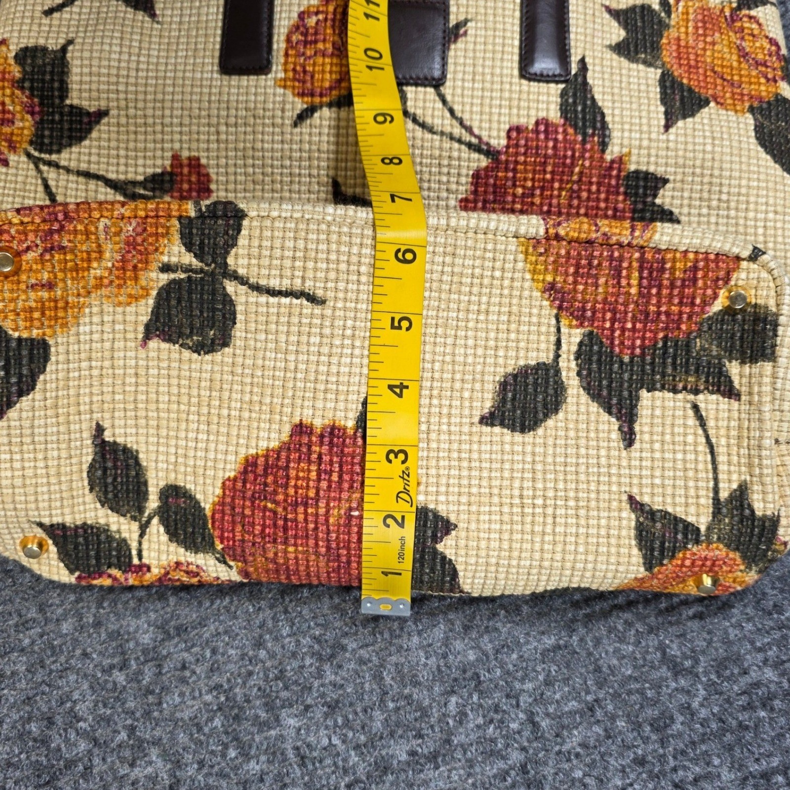 Talbots Floral Tapestry Tote Bag Cream Made in Italy Leather Trim Rose Print