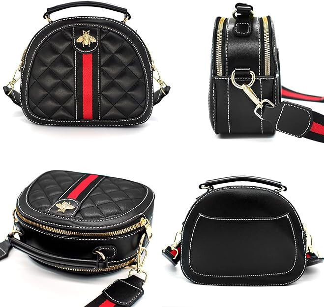 Italian Designer Bee Crossbody Bag Women Leather Quilted Shoulder Purse Black