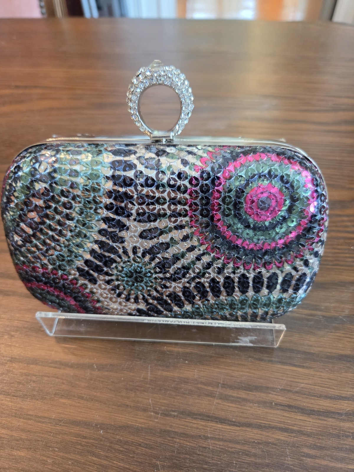 Multicolor Rhinestone Rectangle Clutch Clasp Closure Top Handle Chain Strap