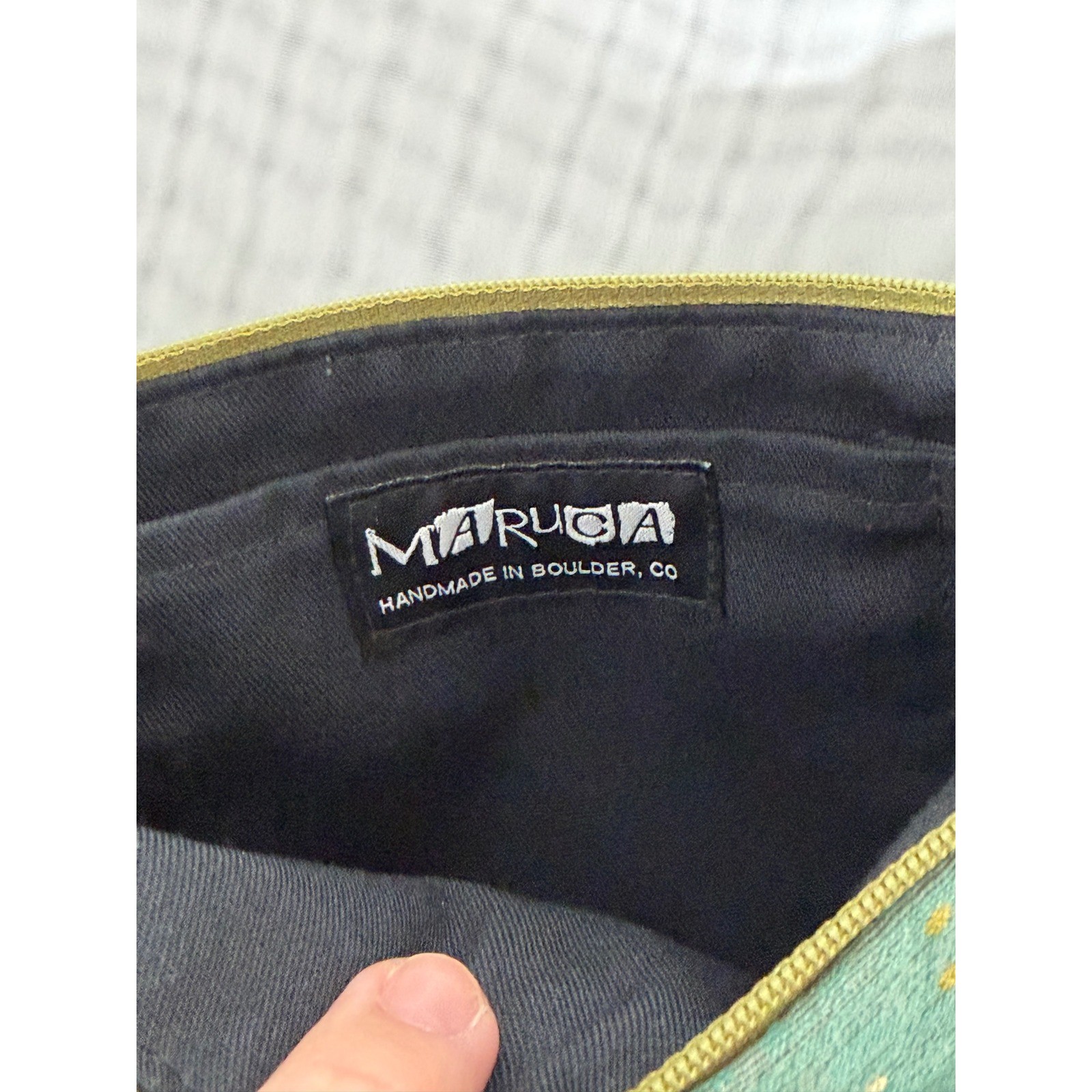 Maruca Handmade Boulder CO Jacquard Fabric Handbag Green Blue Leaf Print Zip Top