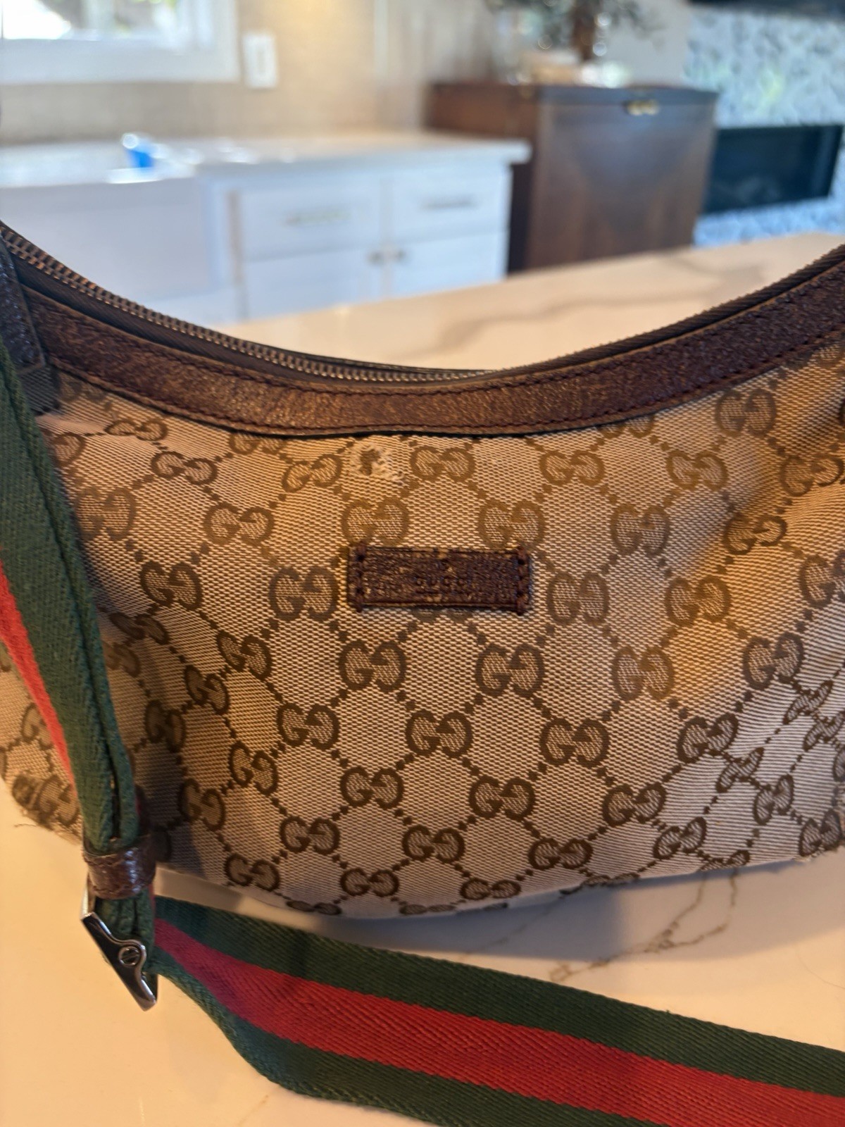 Gucci Authentic GG Canvas Web Monogram Red & Green Stripe Crossbody Hobo Bag