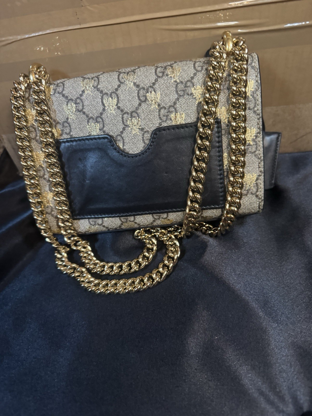 Gucci GG Monogram Shoulder Bag Gold Chain Strap Push Lock Gold Hardware