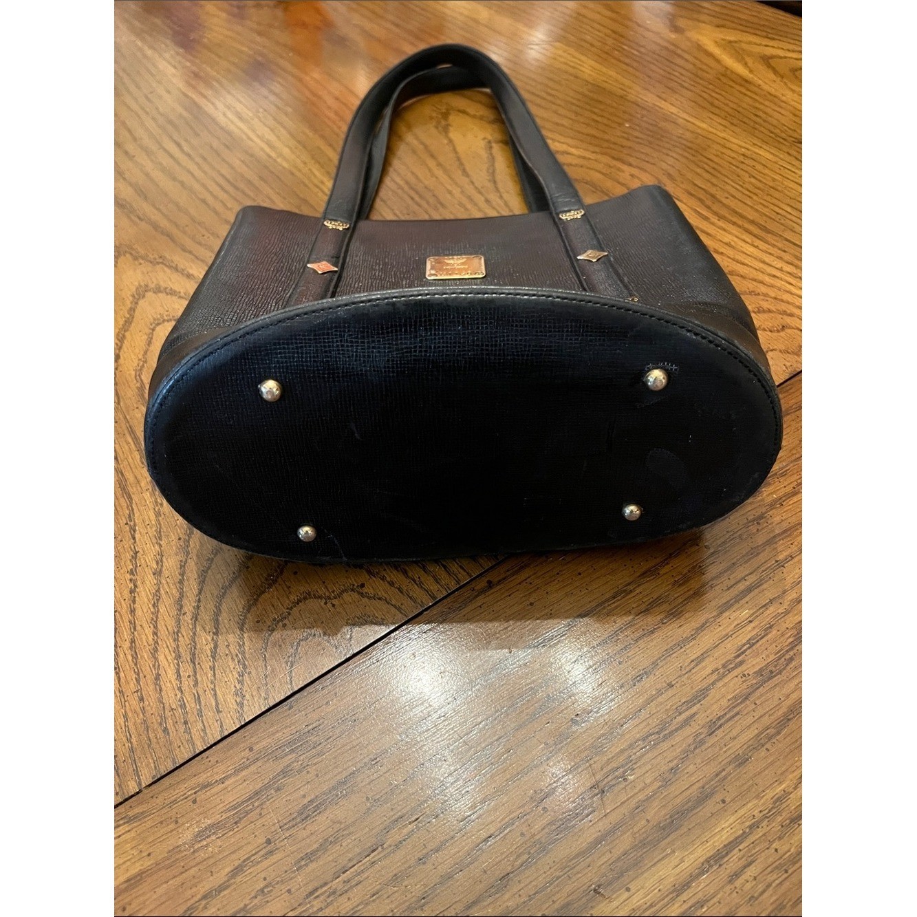 Vintage MCM Black Leather Tote with Gold Logo Plate