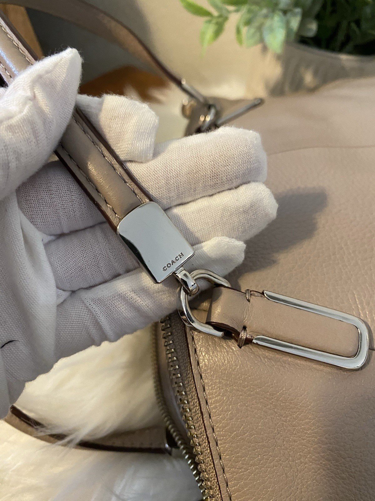 Coach Dove Gray Pebbled Leather Satchel Top Handle Zip, Silver Hardware Hang Tag
