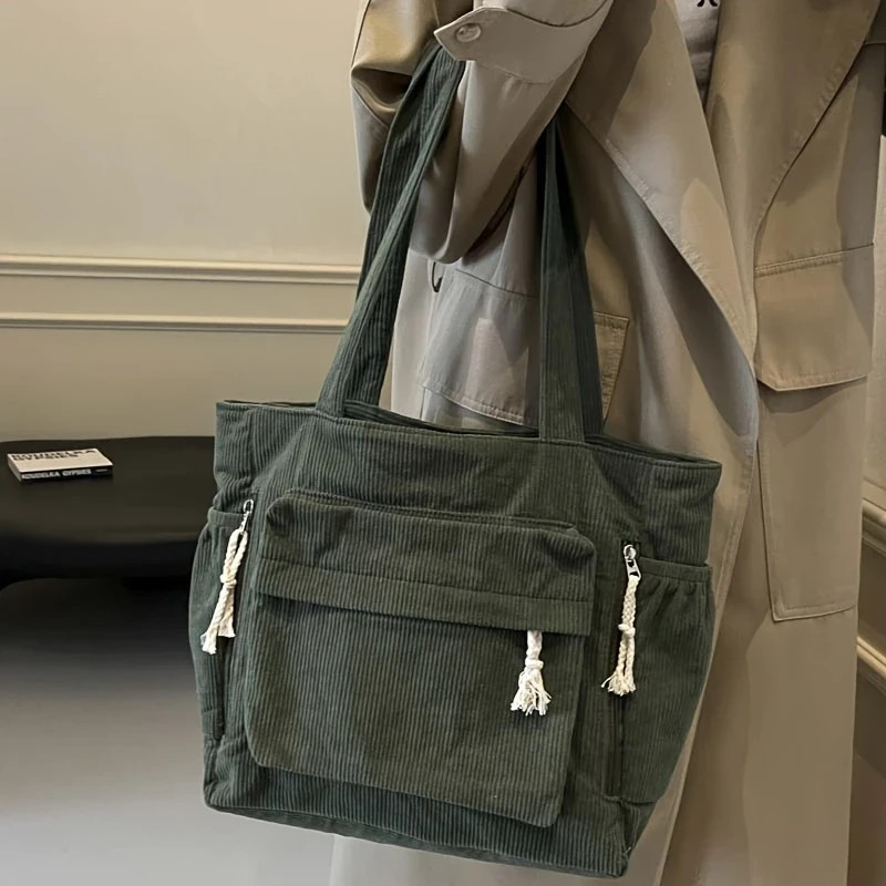 Travel Corduroy Shoulder Bag Casual Solid Color with Multiple Pocket Tote