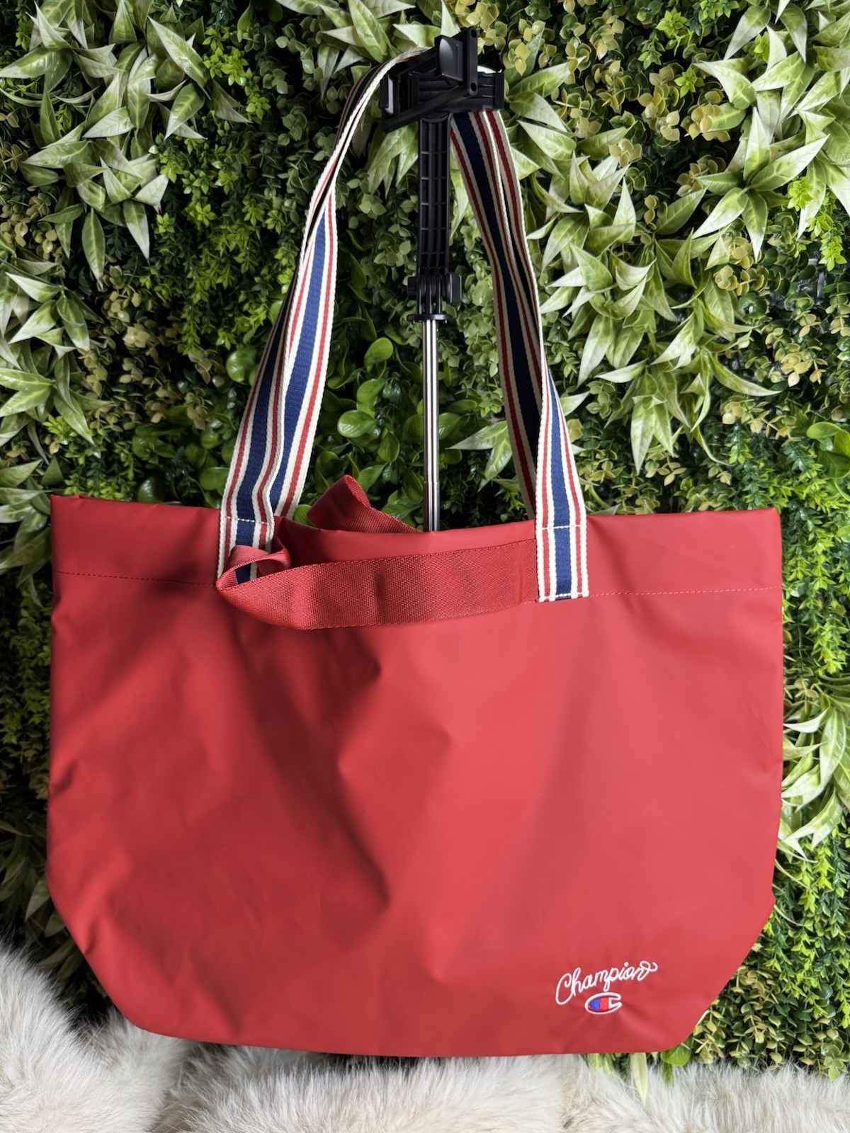 Champion Women’s Red Tote Embroidered Striped Shoulder Straps Zip Closure