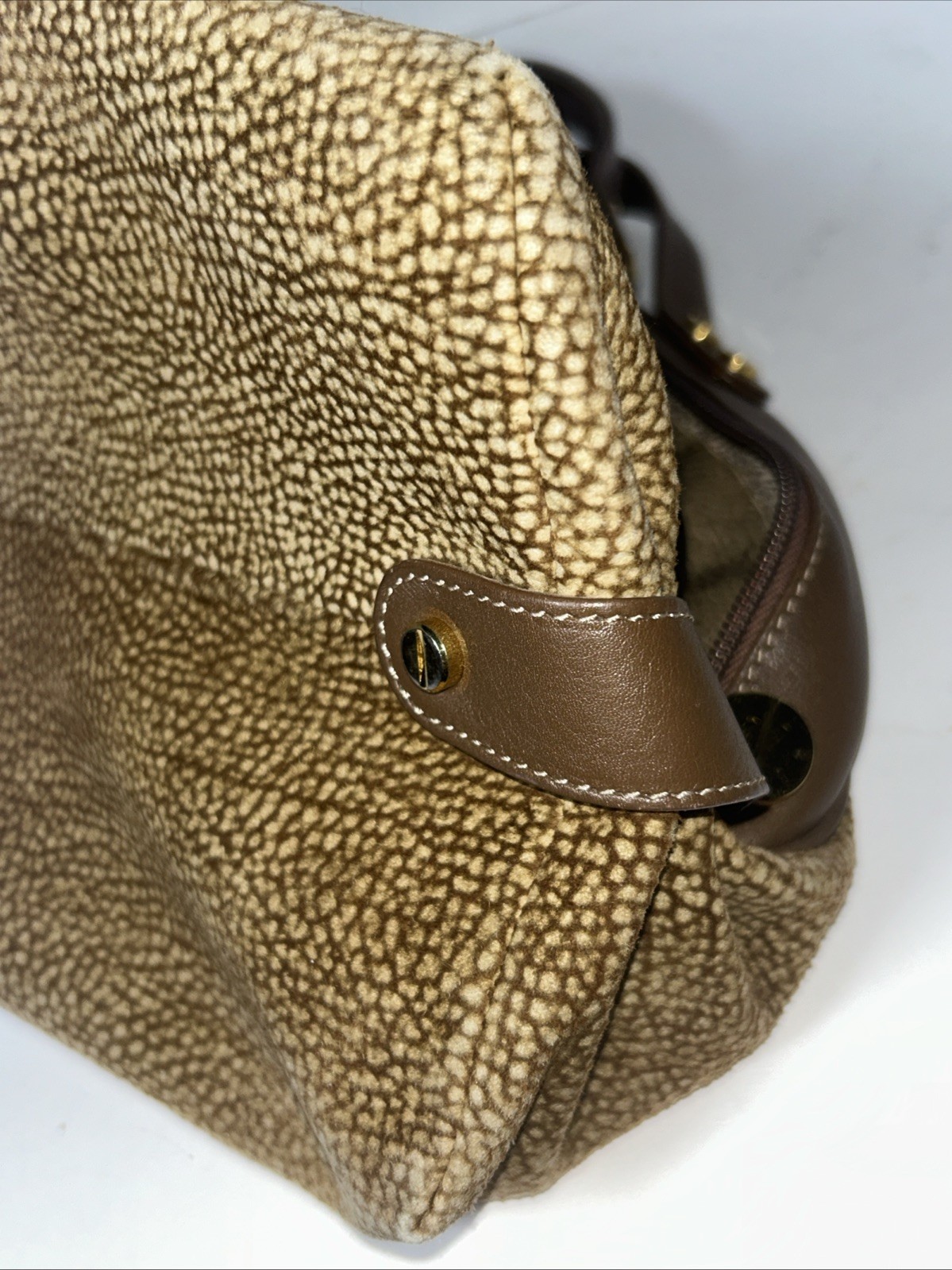 Borbonese Redwall Brown Tan Suede Leather Double Top Handle Bag Made In Italy