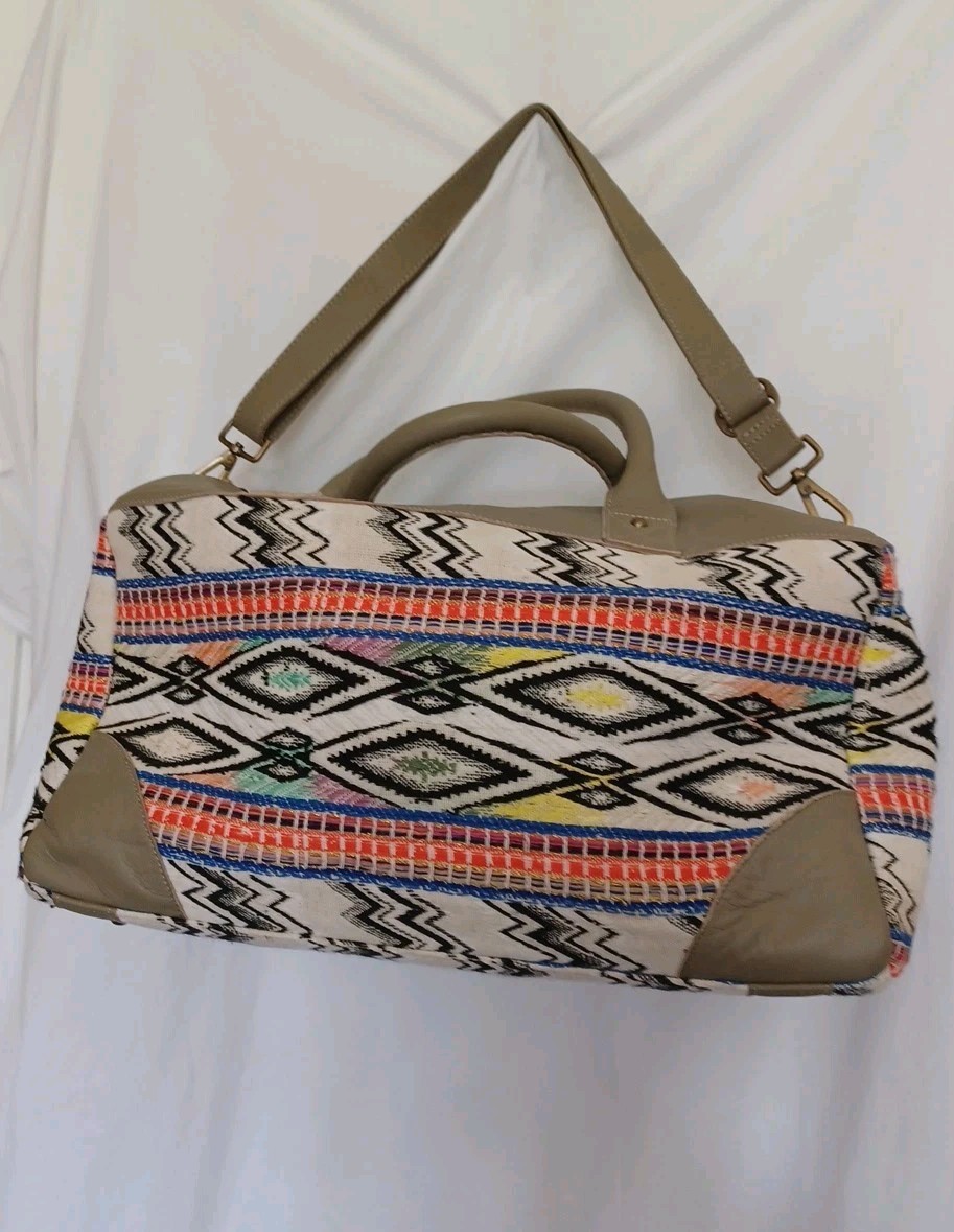 Leather & Acrylic Fabric Kilim Style Large Travel Duffle Weekend Bag India