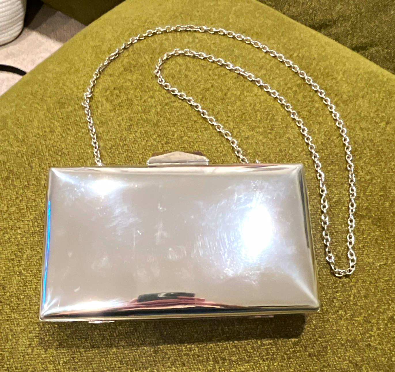 Silver Tone Hard Case Box Clutch Purse w/ Detachable Chain Strap, Black Lined
