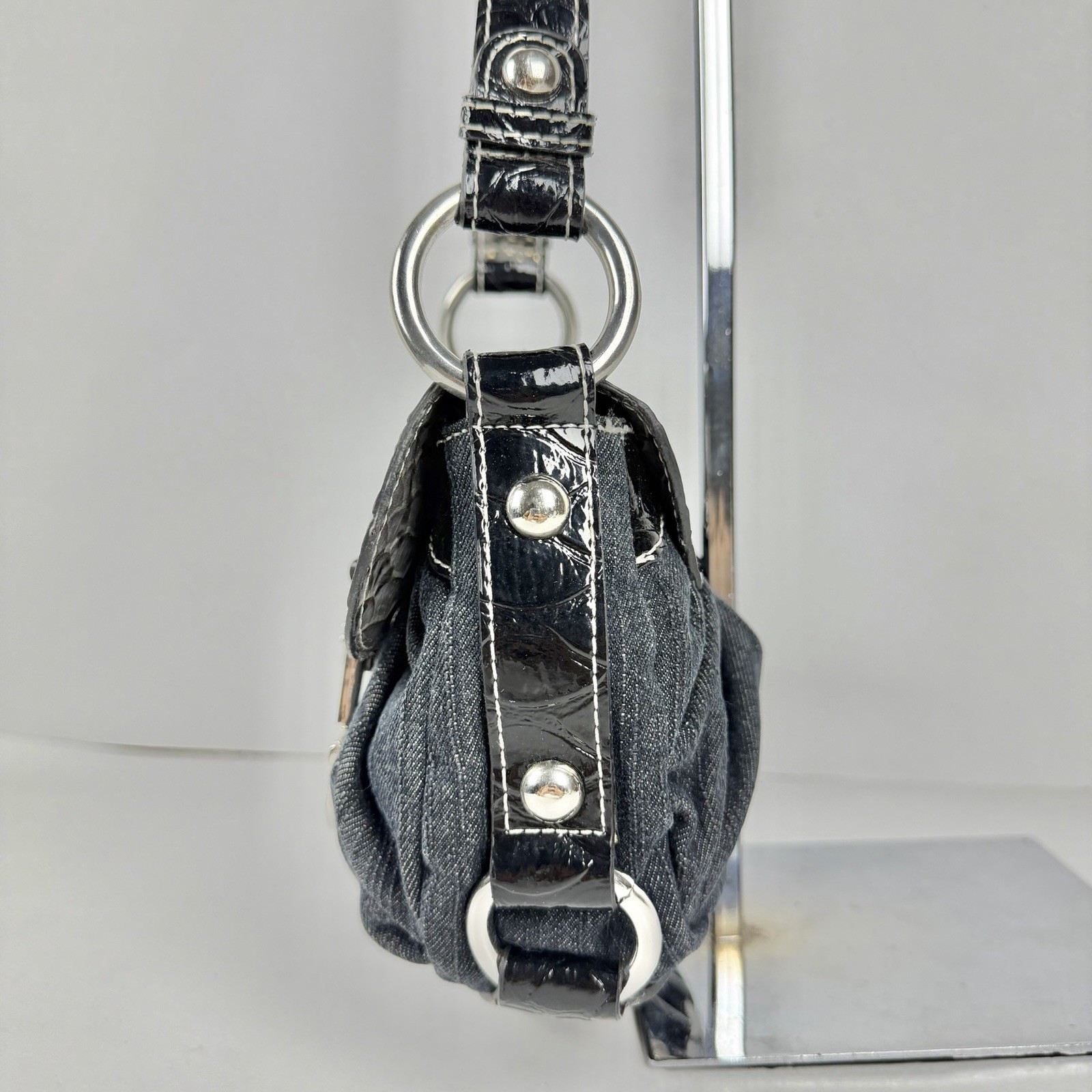 Guess Y2K Denim Mini Shoulder Bag Black Croc Patent Trim Silver G Logo Vintage