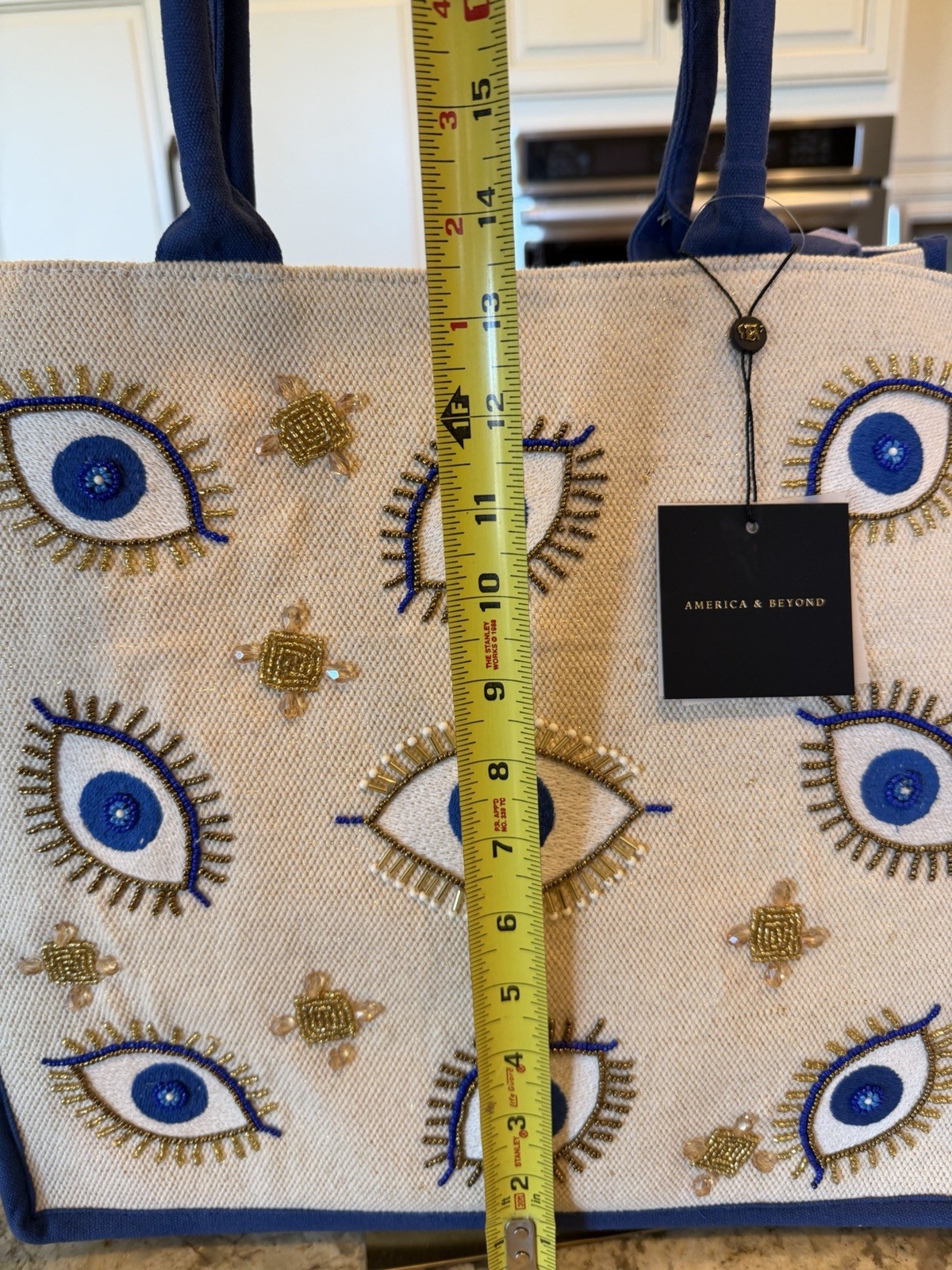 America & Beyond Evil Eye Beaded Embroidered Tote Blue/Beige/Gold Magnetic
