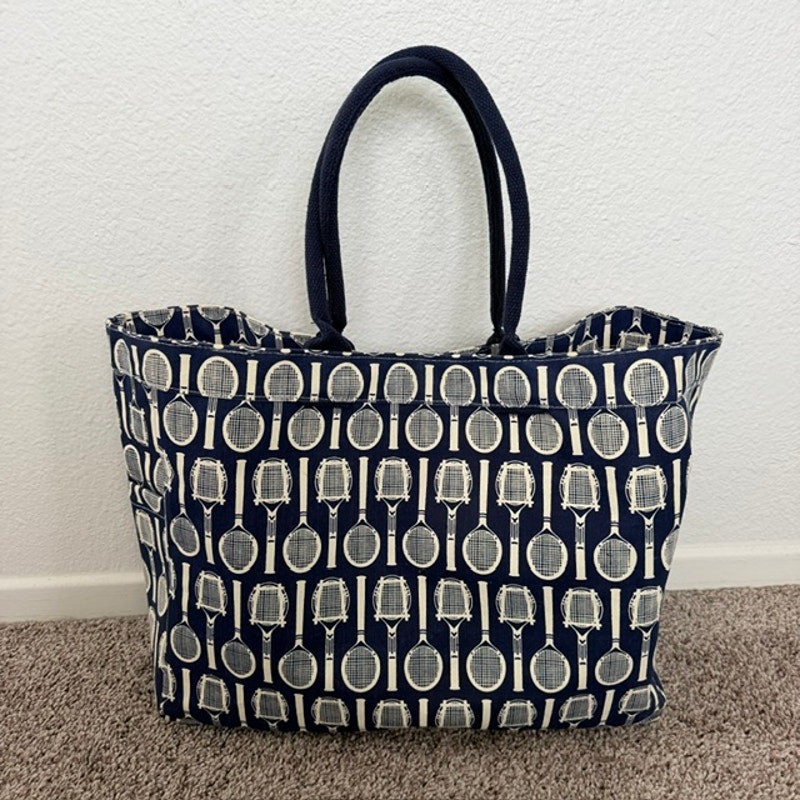 RockFlowerPaper Wimbledon Navy Cream Canvas Carryall Tote Tennis Racket Print