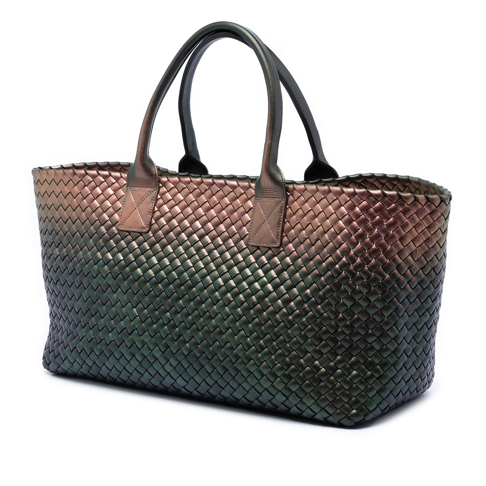 Bottega Veneta Medium Iridescent Nappa Intrecciato Cabat Tote Dark Green