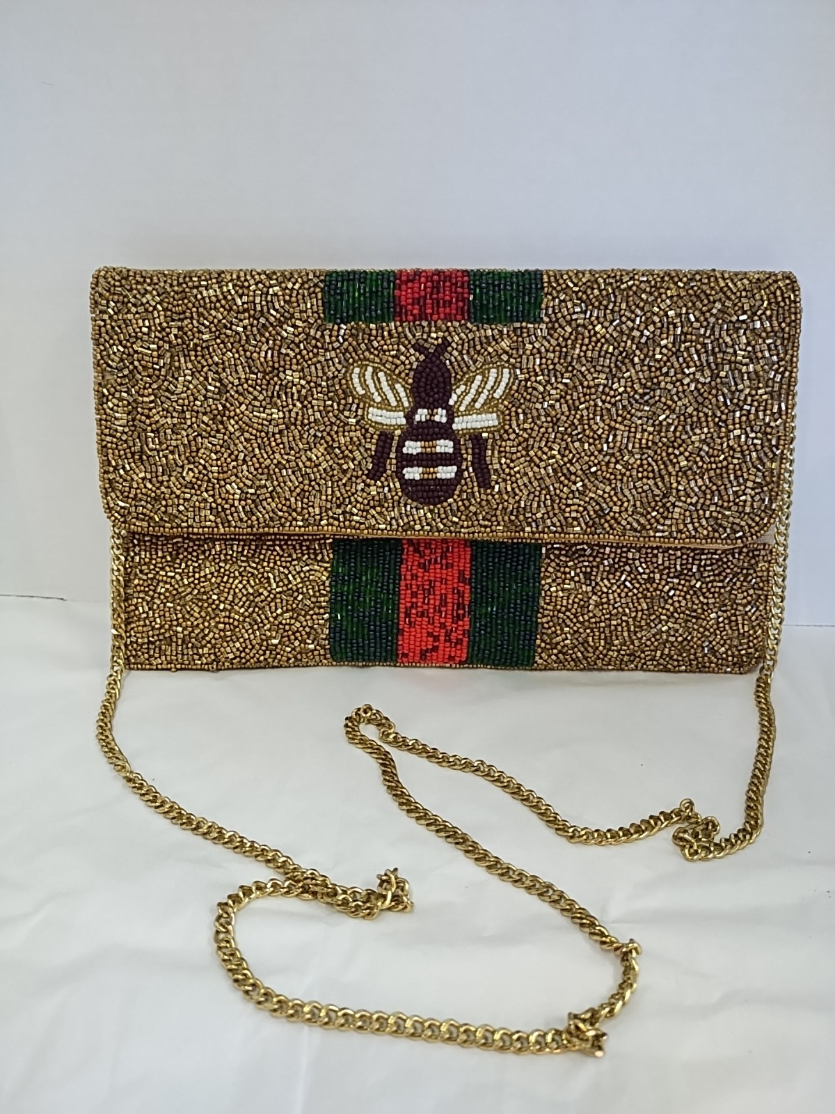 Queen Bee Versona Beaded Gold Green Red Clutch Crossbody Gold Strap Handbag