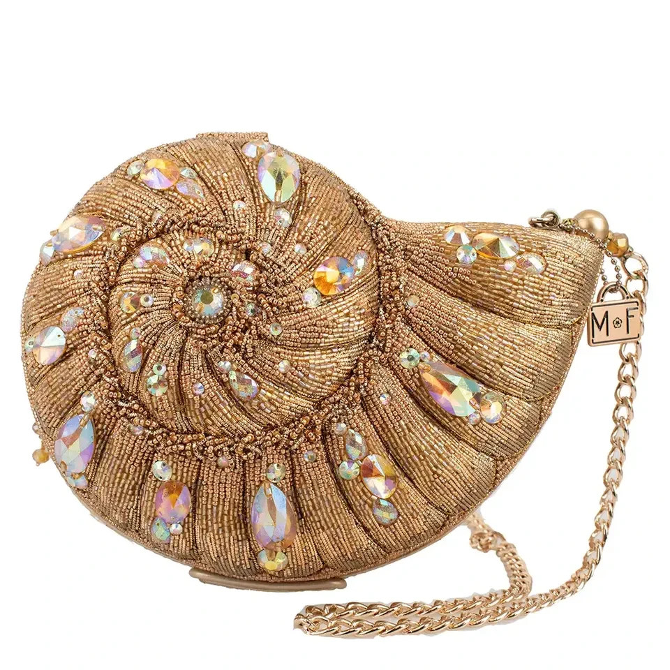 New Mary Frances Gold Coast Rhinestone Beaded Seashell Crossbody Handbag Purse
