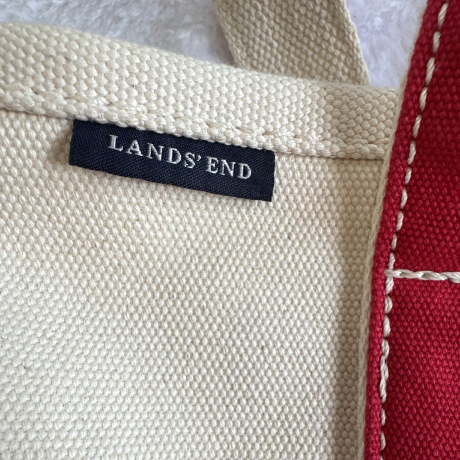Lands’ End Beige Red Colorblock Tote Large Double Handles Key Holder Pockets