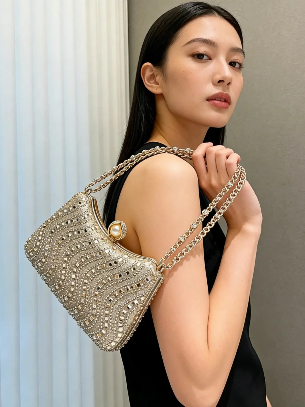 EVENING BAG- Gold Tone Rhinestone Decorated Metal Handle Clutch Purse, Luxury