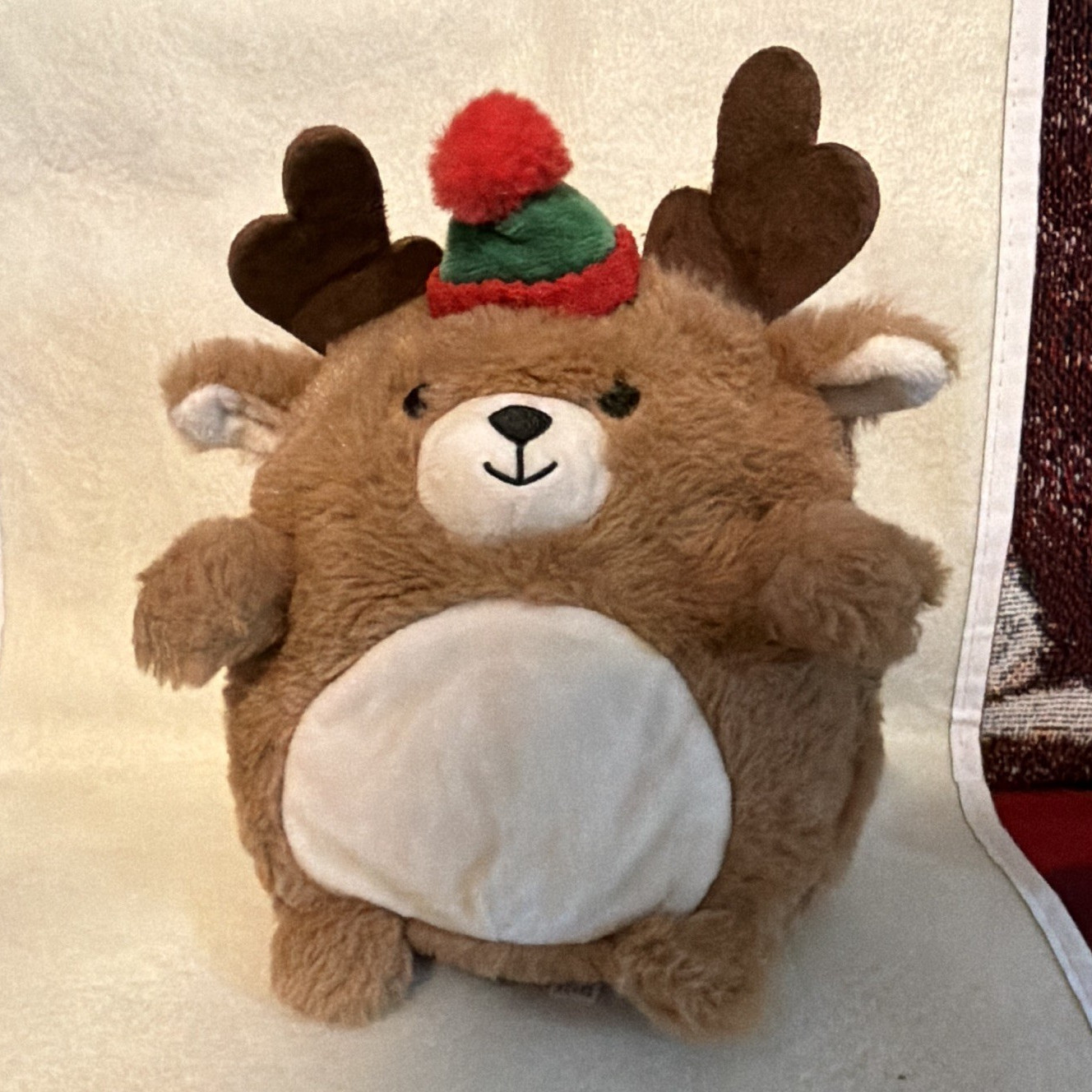 Brown Plush Reindeer Zip Pouch Bag w/ Antlers Red/Green Hat, Women