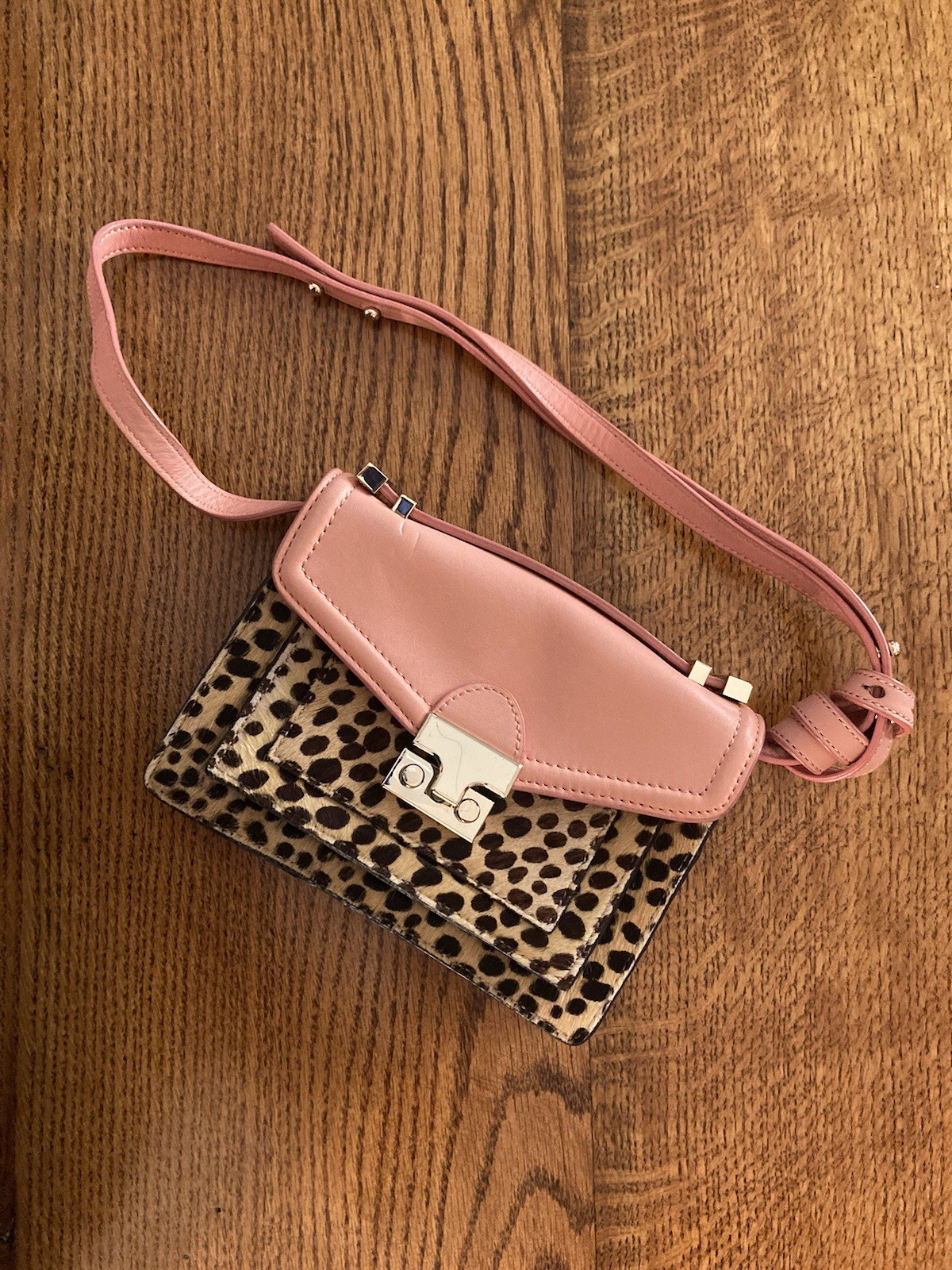 Loeffler Randall Pink Leopard Animal Print Crossbody Bag Turn Lock Strap