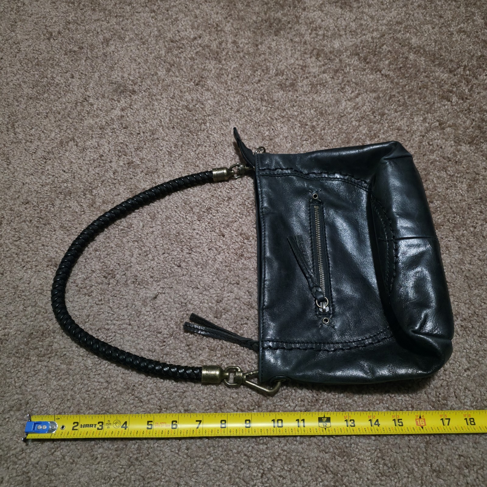 The Sak Western Black Leather Shoulder Bag Biker Purse Braided Strap Bead Fringe