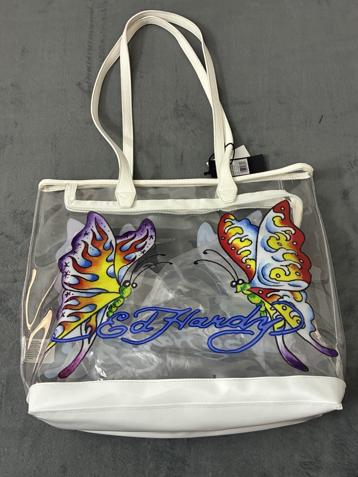 Ed Hardy Clear/White Butterfly Graphic Print Tote Bag Zip Closure Double Handles