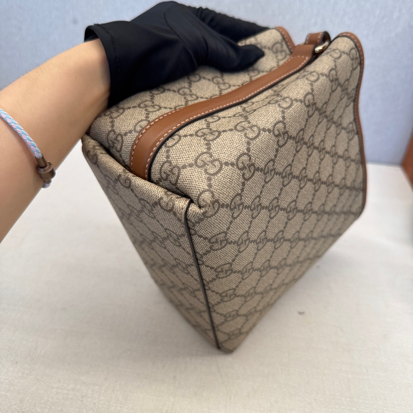 Gucci GG Emblem Small Beige Brown GG Canvas Top Handle Crossbody Bag US Ship