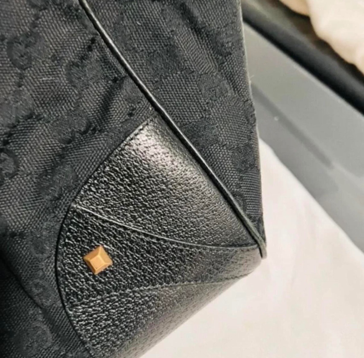Vintage Gucci GG Monogram Nailhead Jackie Bardot Bag Black Canvas Rose Gold Ital