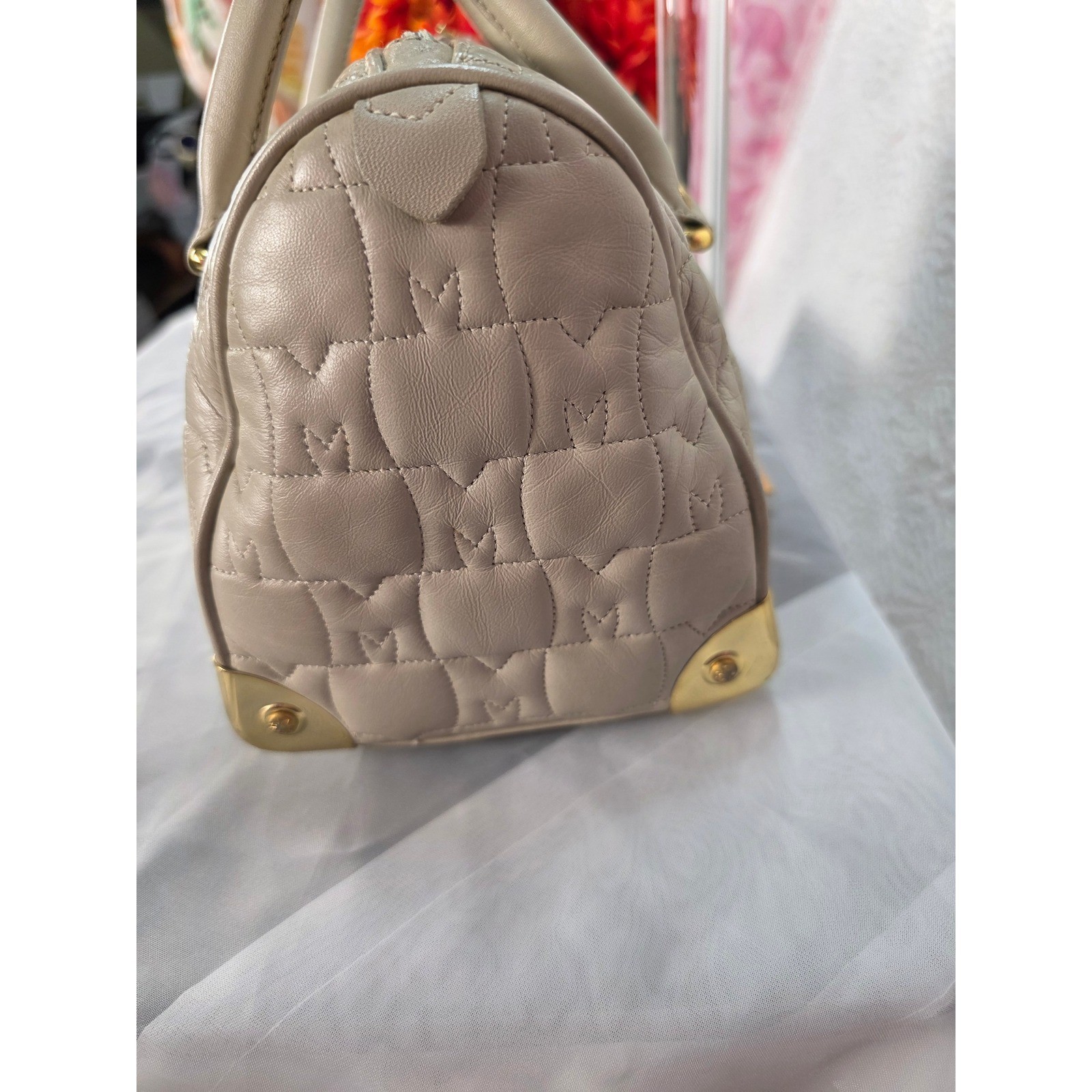 Metrocity Cream Quilted Leather Satchel Bag Gold Hardware Logo Tassel Handbag