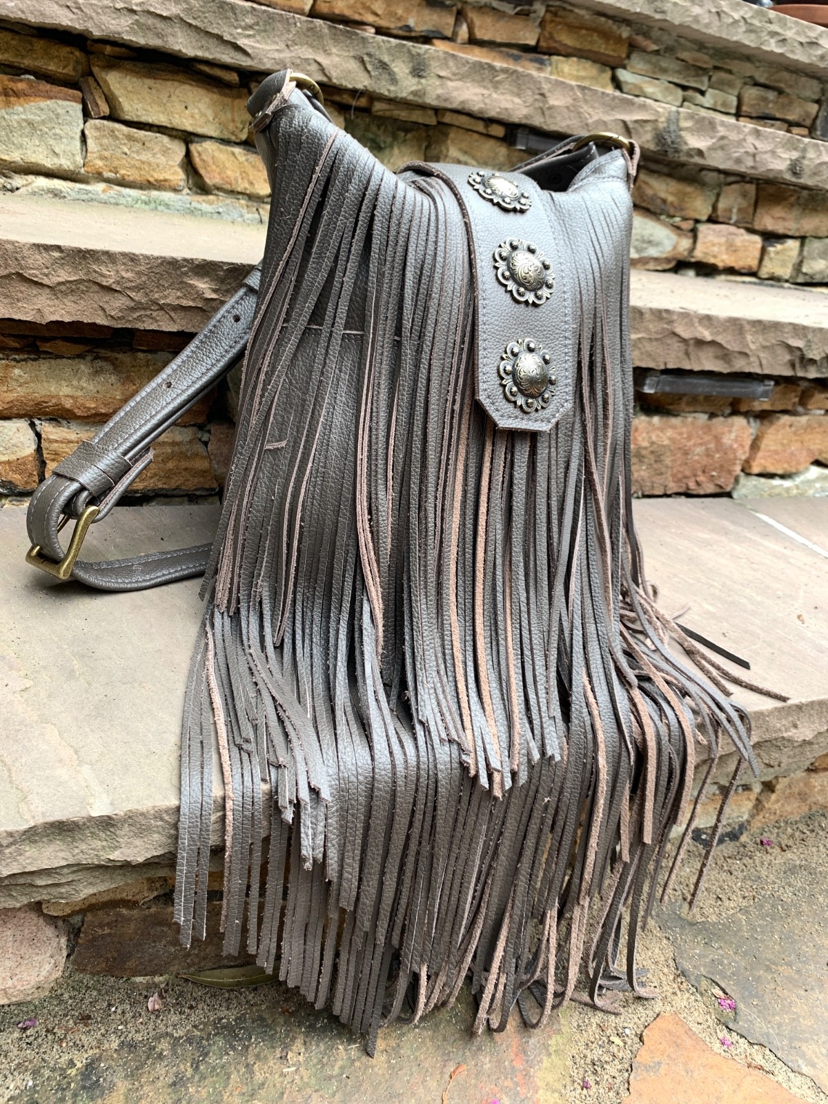 Taupe pebble leather boho Southwest festival LONG fringe crossbody bag