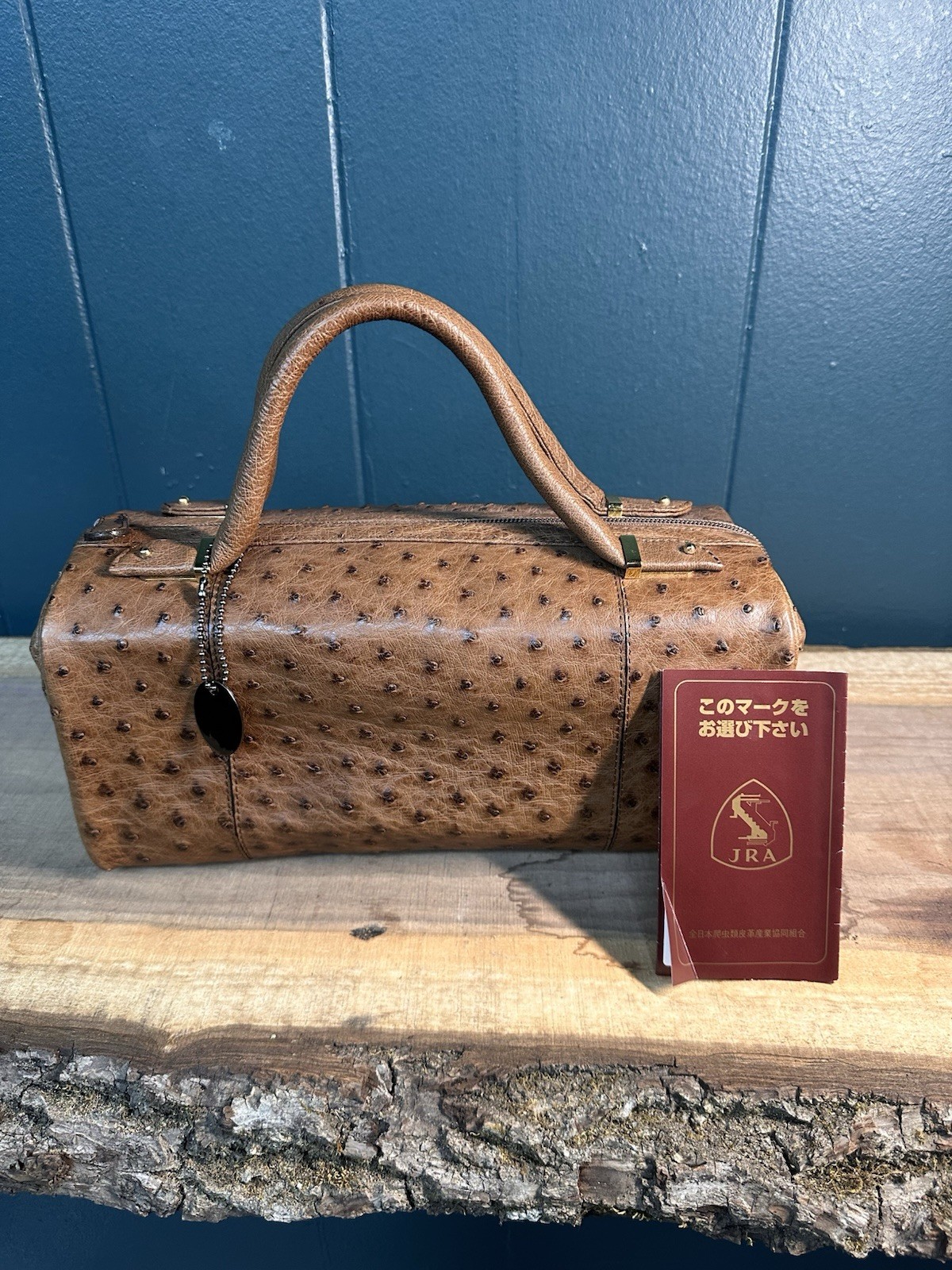 JRA Genuine Ostrich Leather Boston Satchel Cognac Brown Doctor Bag Japan