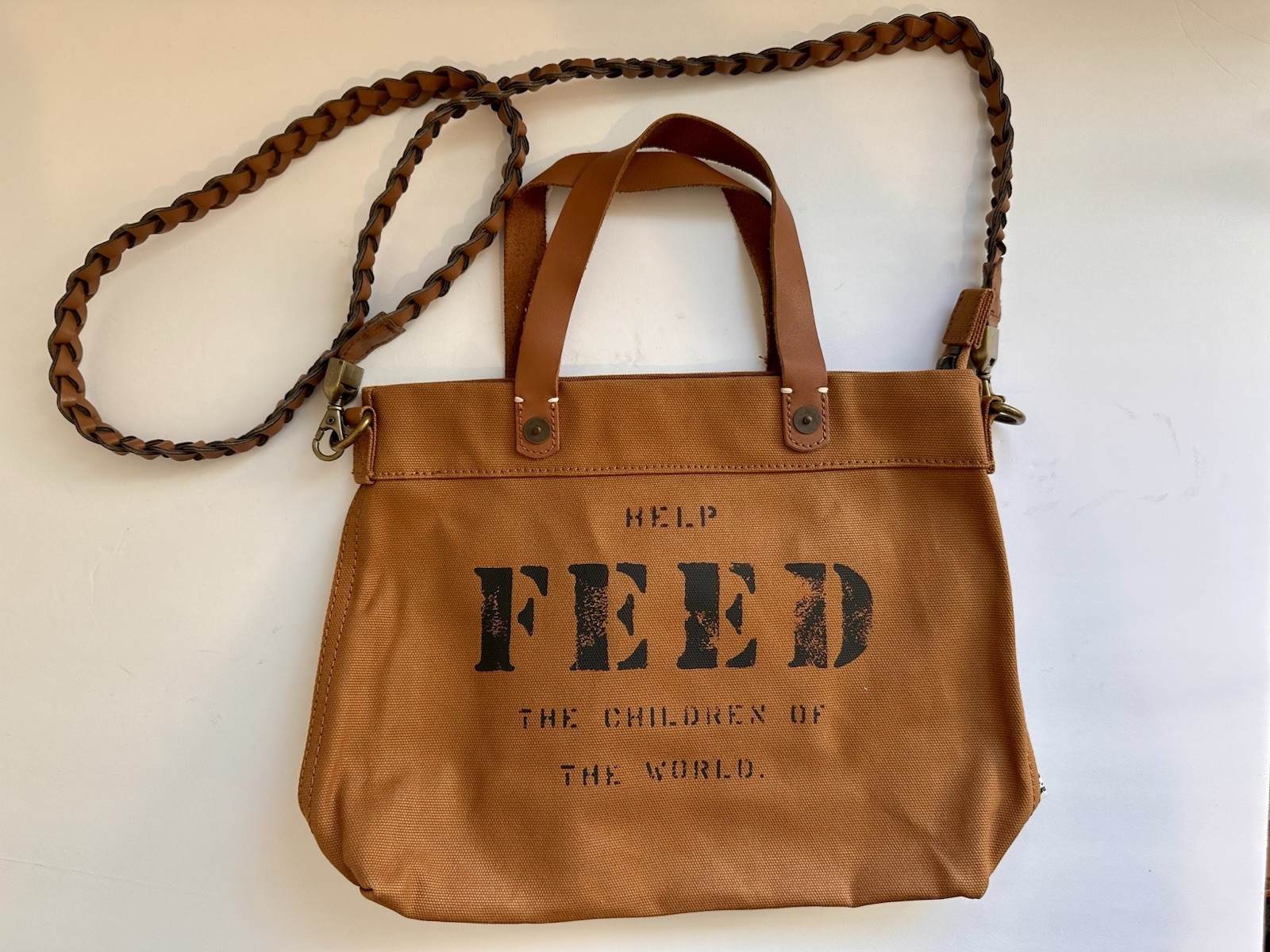 FEED Brown Tote Bag Leather Handles Zip Closure Printed Logo Inner Pocket