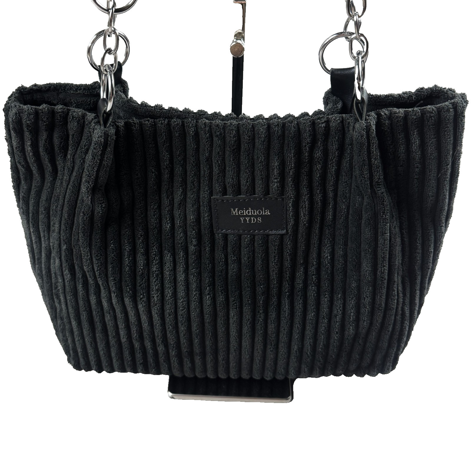 Meidoola Y2K Black Corduroy Shoulder Bag Chain Strap Goth Grunge Handbag Purse