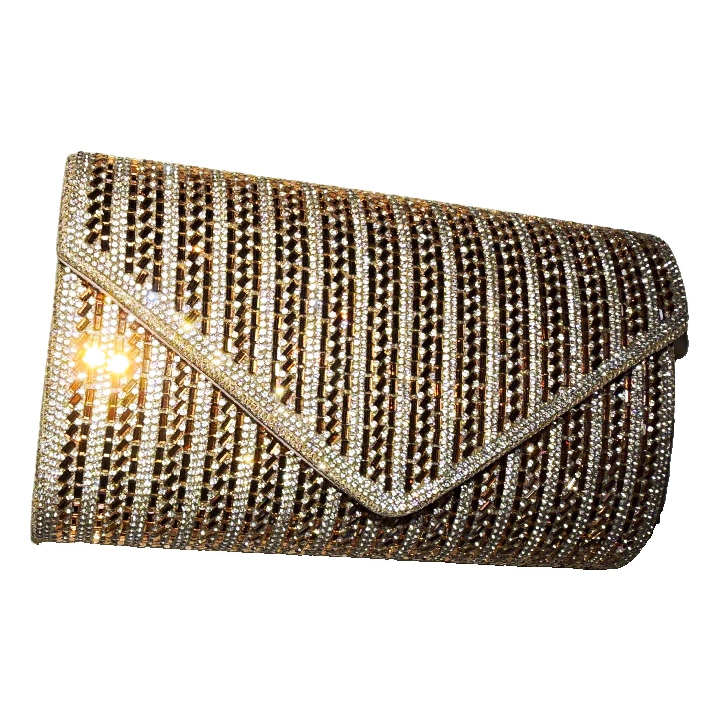 Gold Rhinestone Striped Envelope Clutch w/ Chain Strap, Magnetic, Lined Pockets