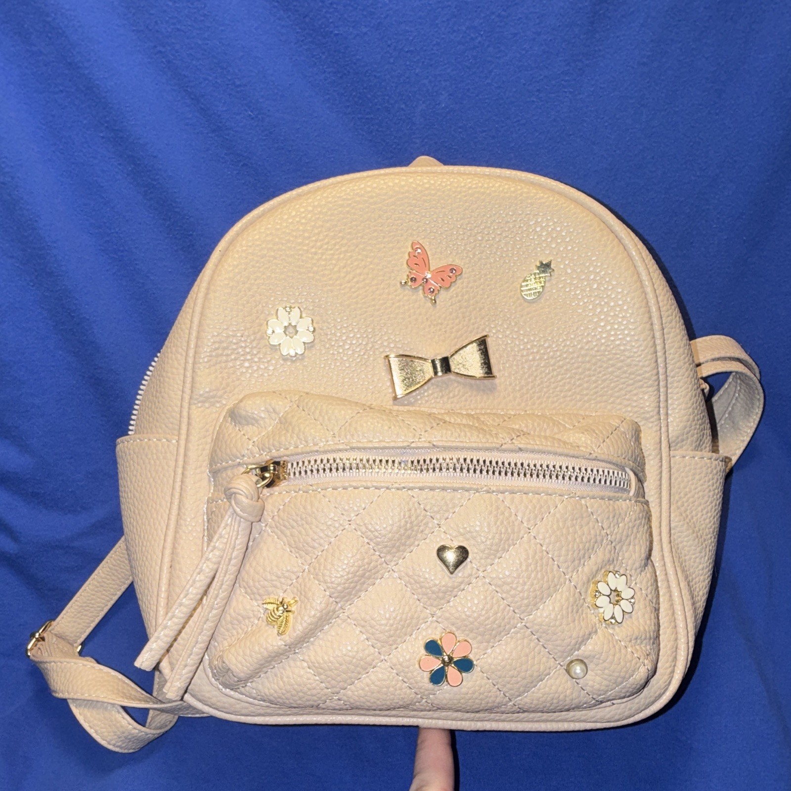 UNDERONESKY Beige Mini Backpack Applique Bow Quilted Zip Front Pocket