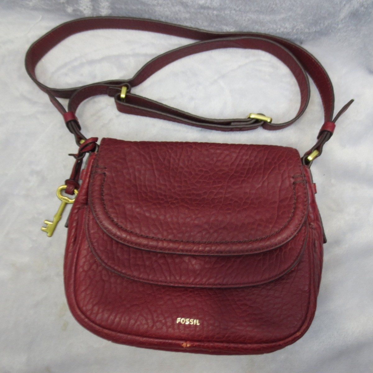 Fossil Peyton Crossbody Purse Wine Pebbled Leather Double Flap Retro Saddle Bag