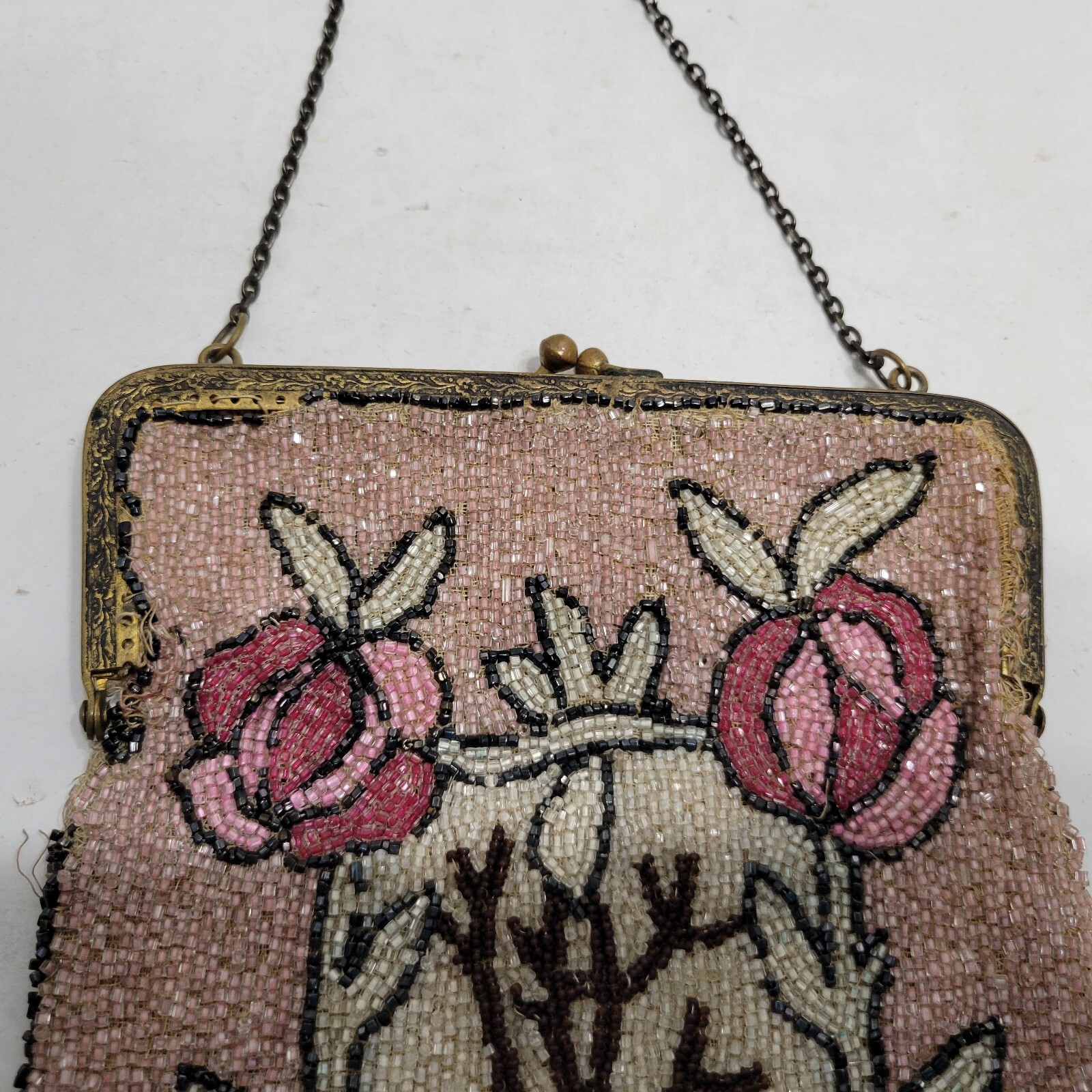 Old Vintage Pink Glass Beaded Floral Purse Gold Frame Handbag Victorian Snap Clo