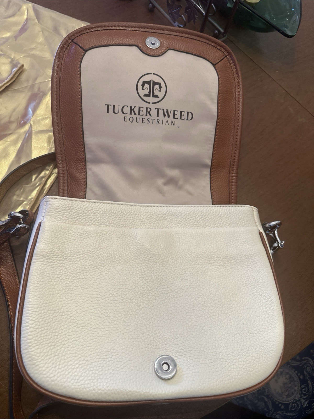 Tucker Tweed Equestrian Crossbody Purse Beige Color And Brown Leather Trim