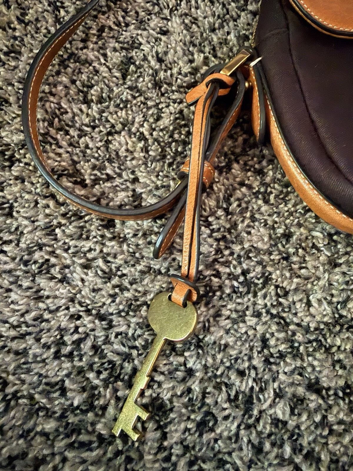 Fossil Key-Per Crossbody Bag Black Nylon Brown Leather Trim Key Charm