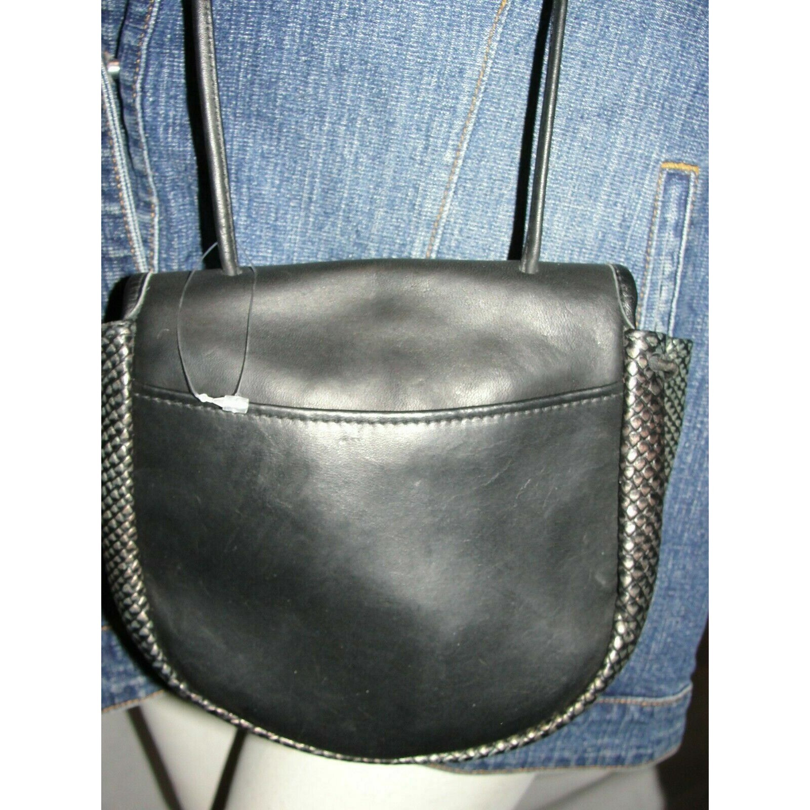 Vintage Mixed Leather Snakeskin Embossed Crossbody Bag Pewter Black Mini Purse