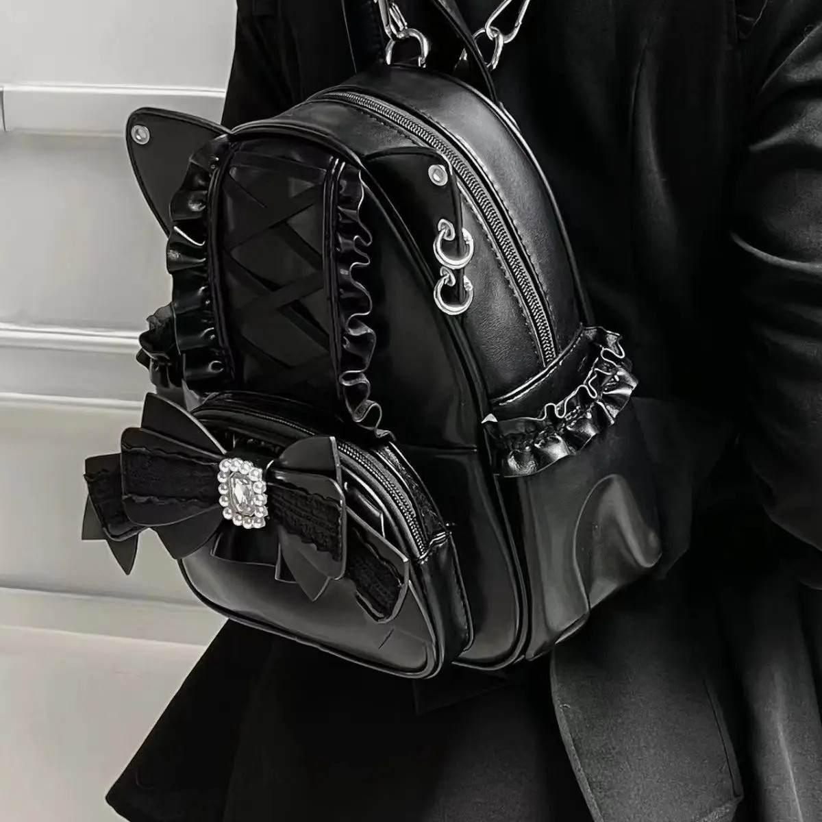 Korean Fashion Y2K Punk Backpack Lace Bow Cat Ear Lotus Lace Decoration Lolita B