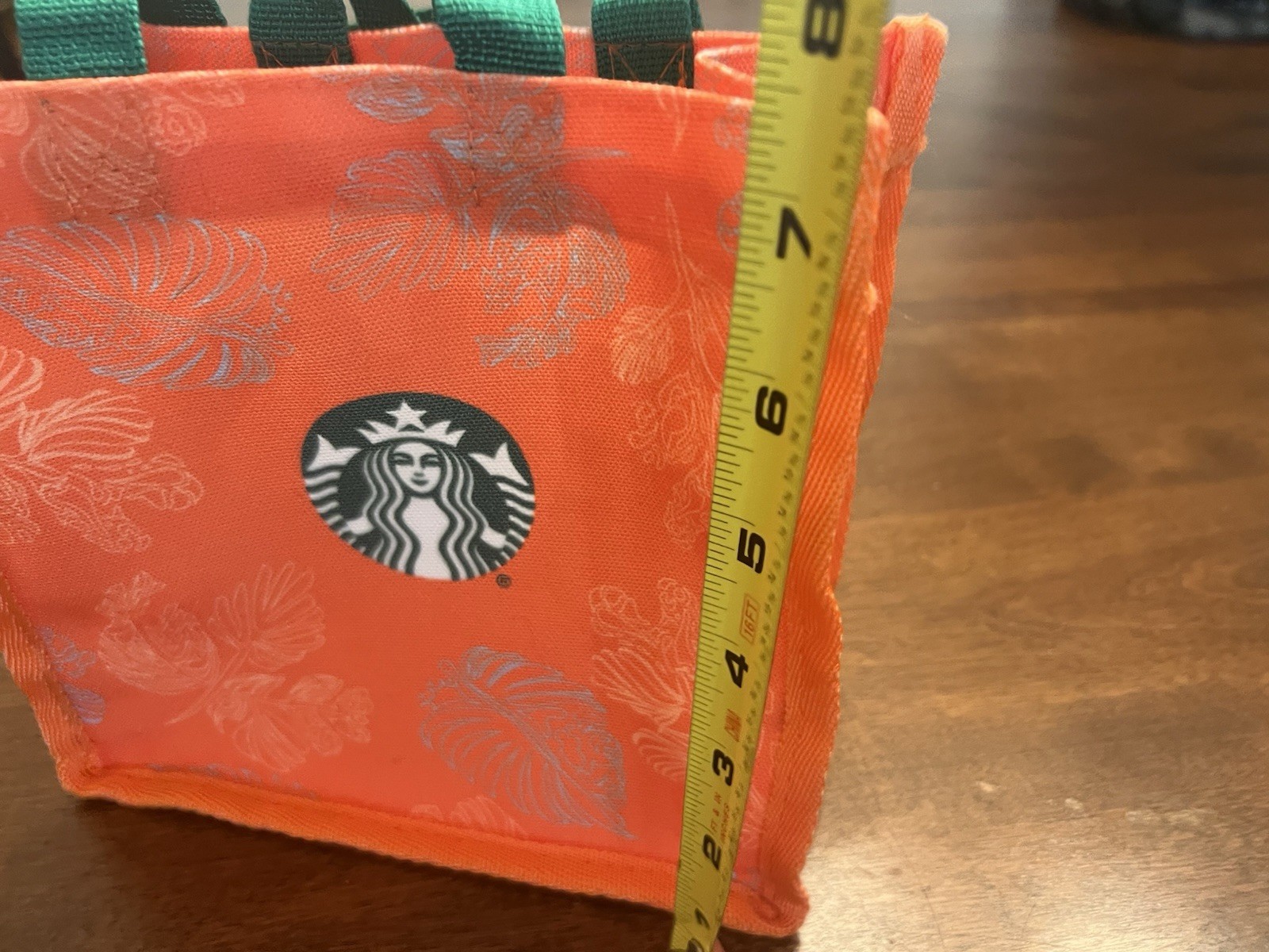 Starbucks Reusable Mini Tote Bag Orange Tropical Leaf Print Green Logo 8x8x4