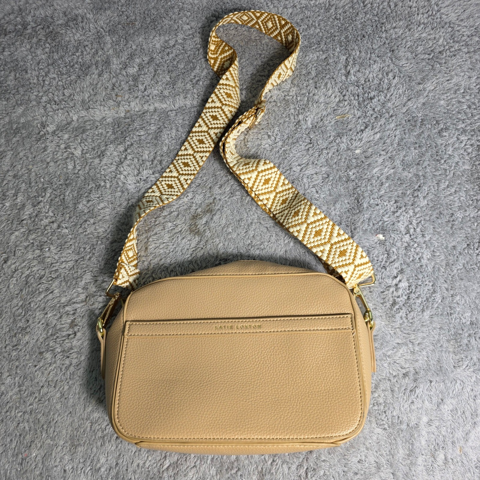 Katie Loxton Crossbody Bag Pebbled Vegan Leather Tribal Geometric Woven Strap