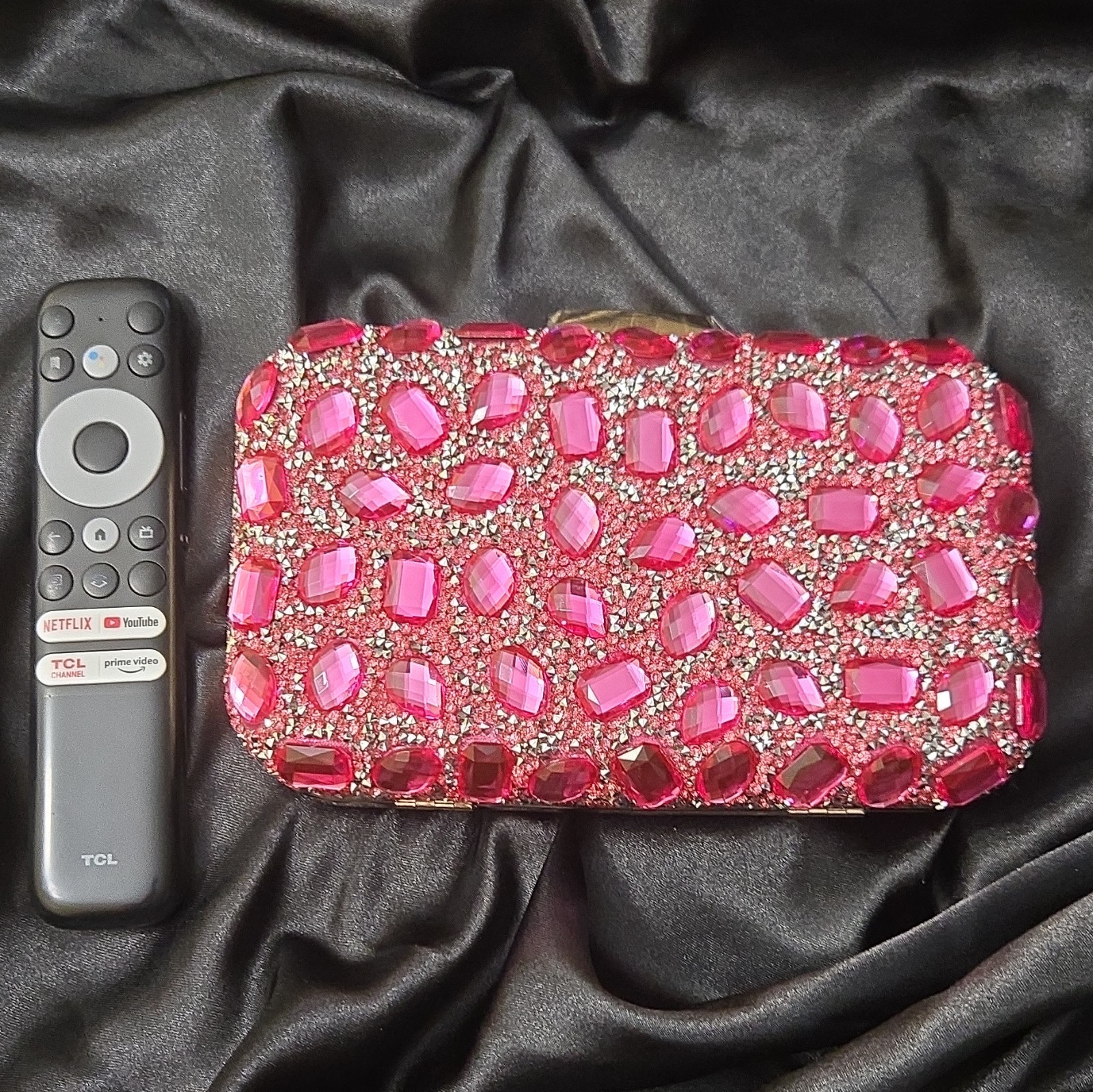 Pink Crystal Rhinestone Rectangle Clutch, Gold Chain Shoulder Strap, Clasp