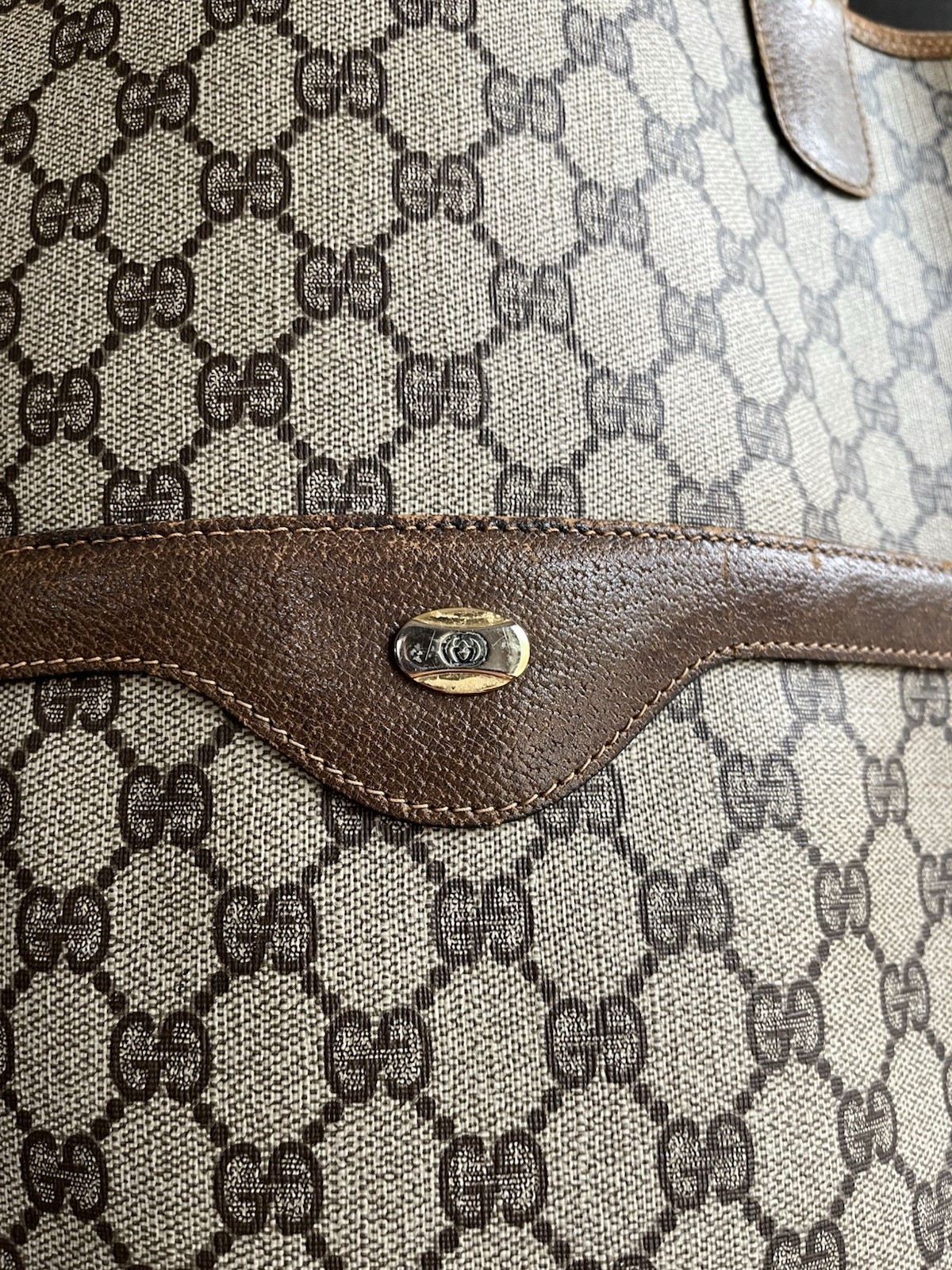 Vintage Gucci GG Monogram Canvas Tote Bag Web Stripe Leather Italy