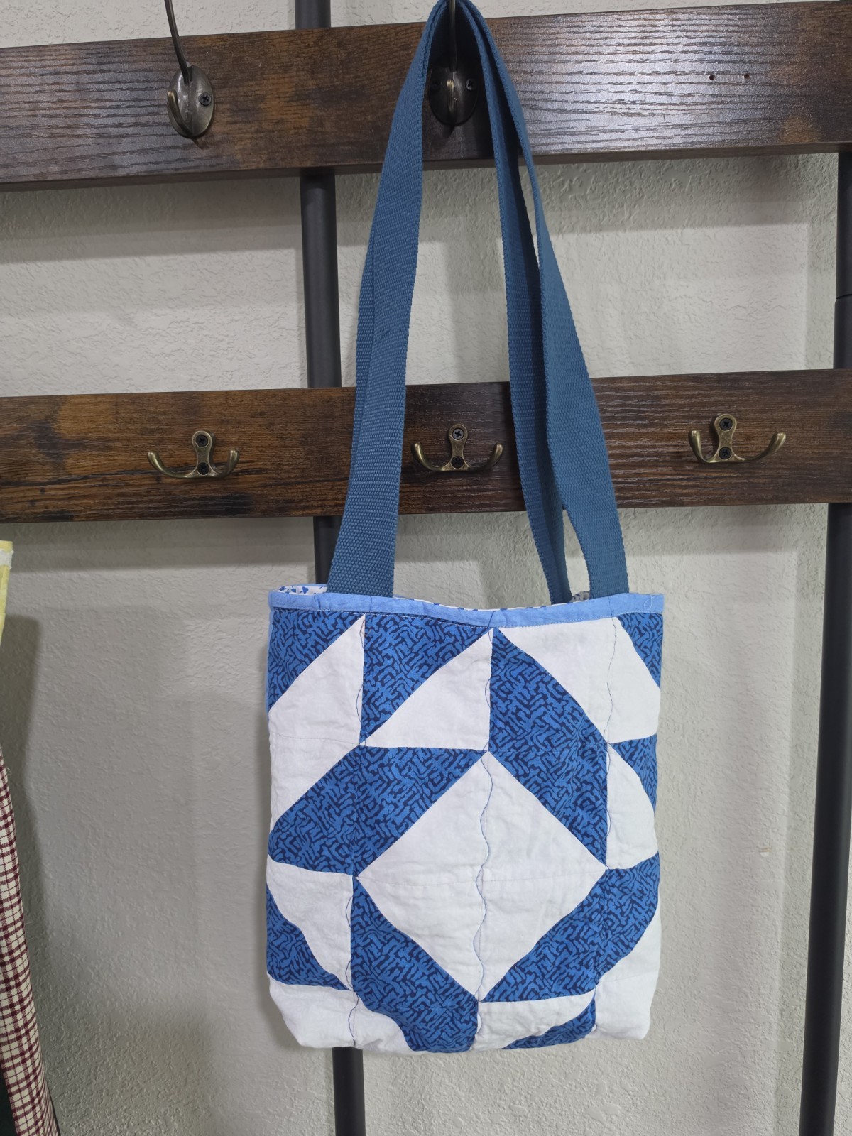 Handmade Quilted Tote Bag Blue White Geometric Lined Blue Shoulder Straps