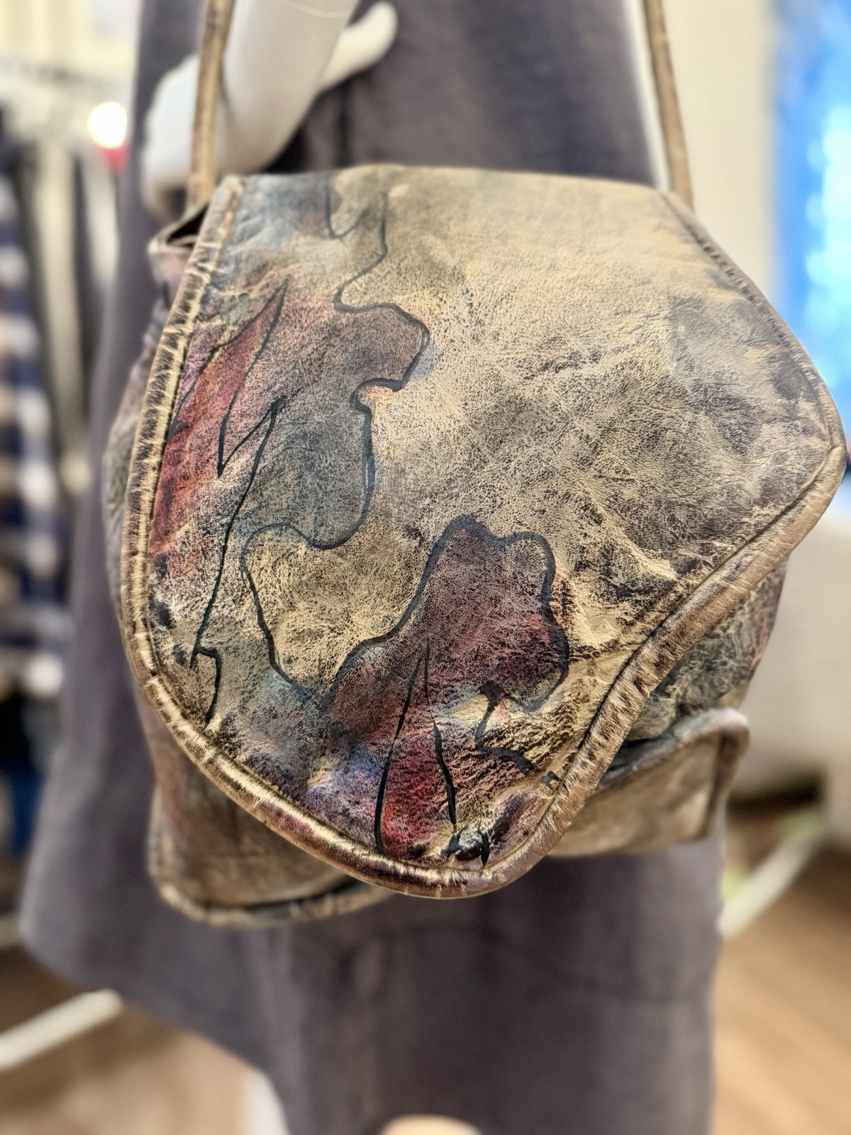 VTG Jane Yoo Handpainted Purse Shoulder Bag Leather Signed Wearable Art Boho 80s