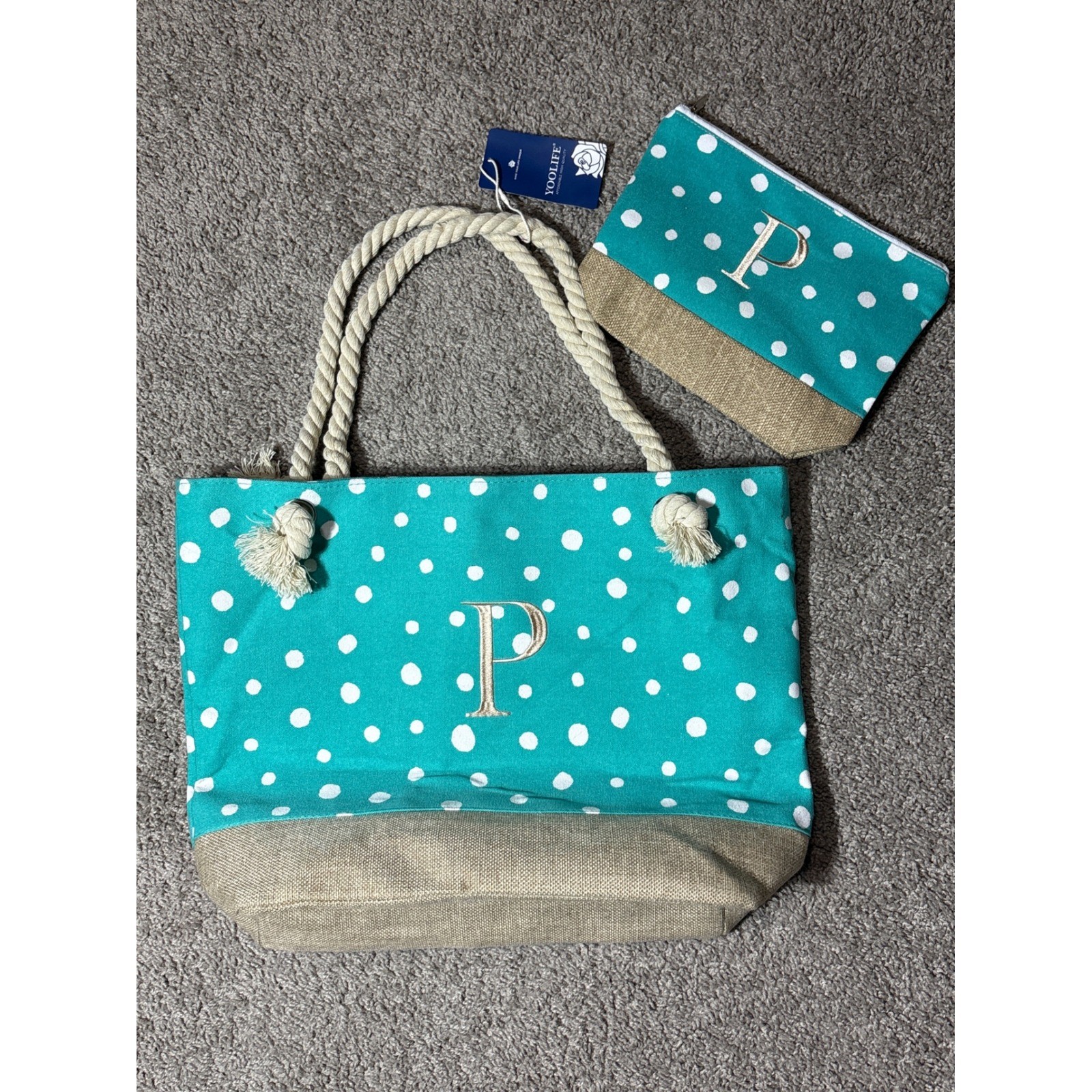 Yoolife Teal Polka Dot Monogram P Beach Tote Bag and Pouch Set Nautical Rope